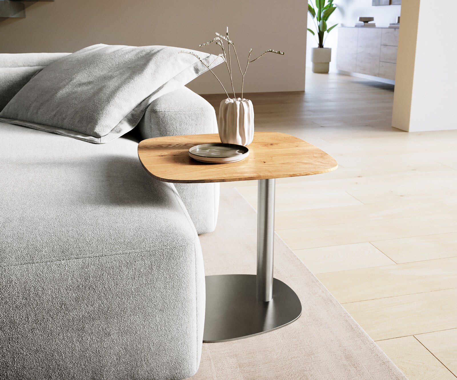 Couchtisch Edge Boot 50x50 cm Eiche Natur Schweizer Kante Eleny Edelstahl gebürstet 2