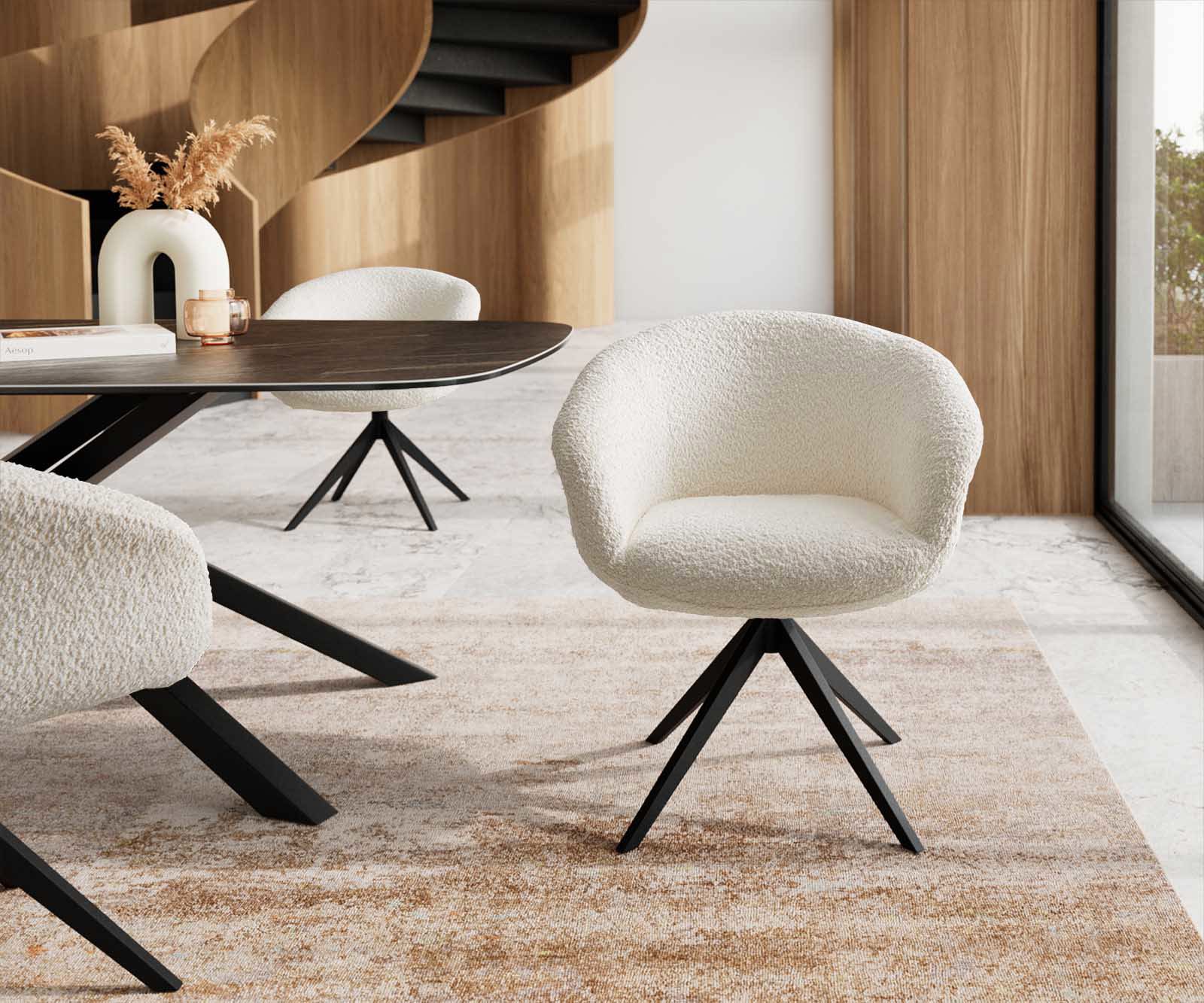 Chaise-pivotante Vinka-Flex avec accoudoirs bouclé blanc pied croisé large noir pivotement sur 360° ressorts ensachés 1
