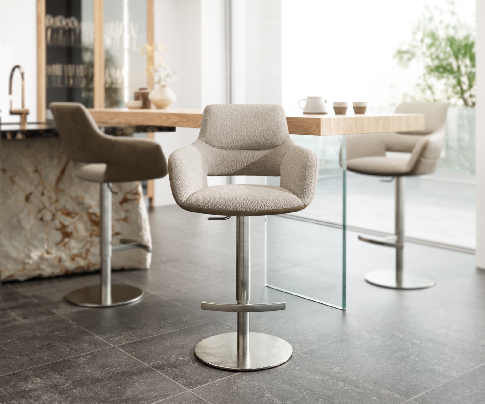 Barstuhl Yago-Flex Materialmix Mikrofaser Schlamm / Bouclé Schlamm Drehfußhöhenverstellbar Edelstahl drehbar Taschenfederkern 2