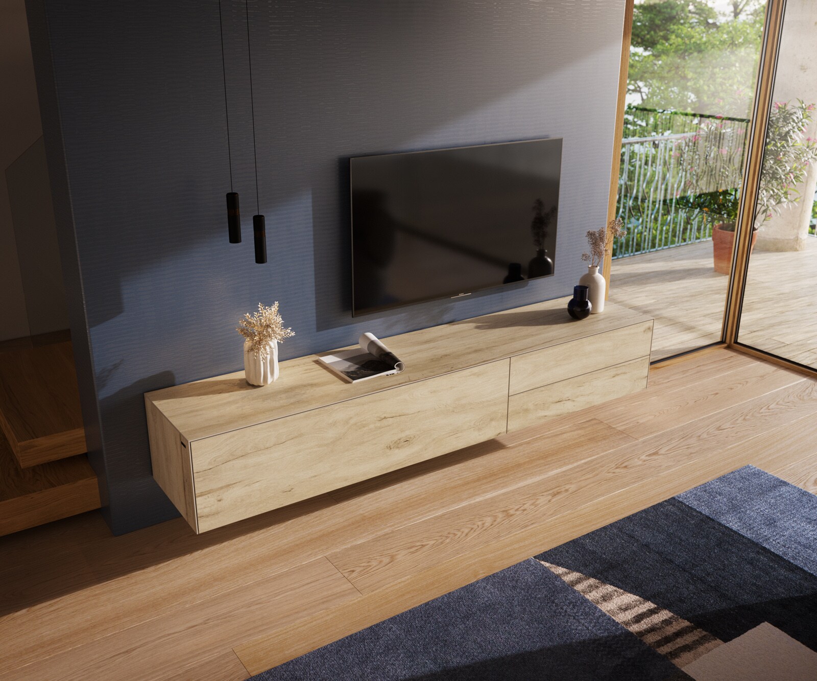 Meuble-TV Cuor 220 cm Céramique Laminam® Sabbia Teinte chêne 1 Clapet 2 Tiroirs Flottant 3