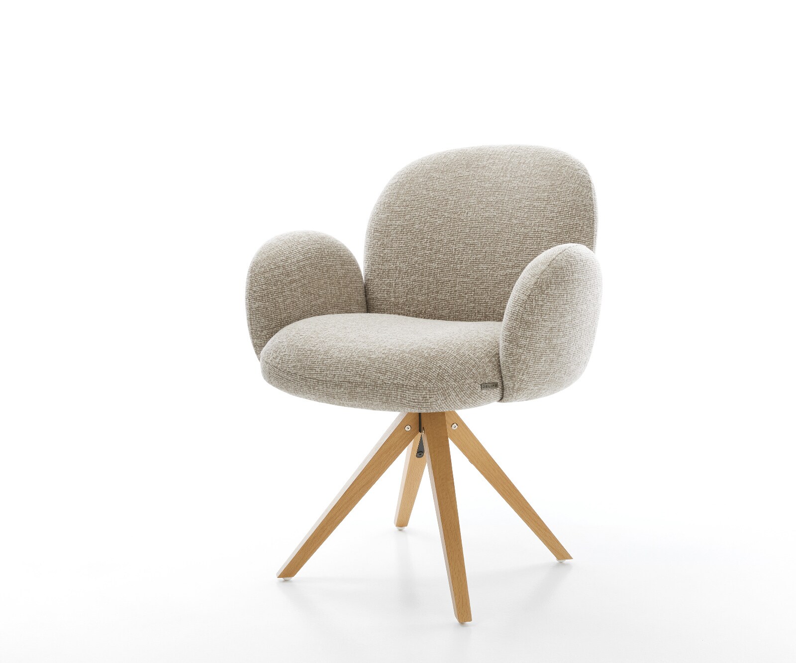 Chaise-pivotante Nube-Flex avec accoudoirs tissu tissé doux beige pied en bois angulaire naturel pivotement sur 180° resorts ensachés 1