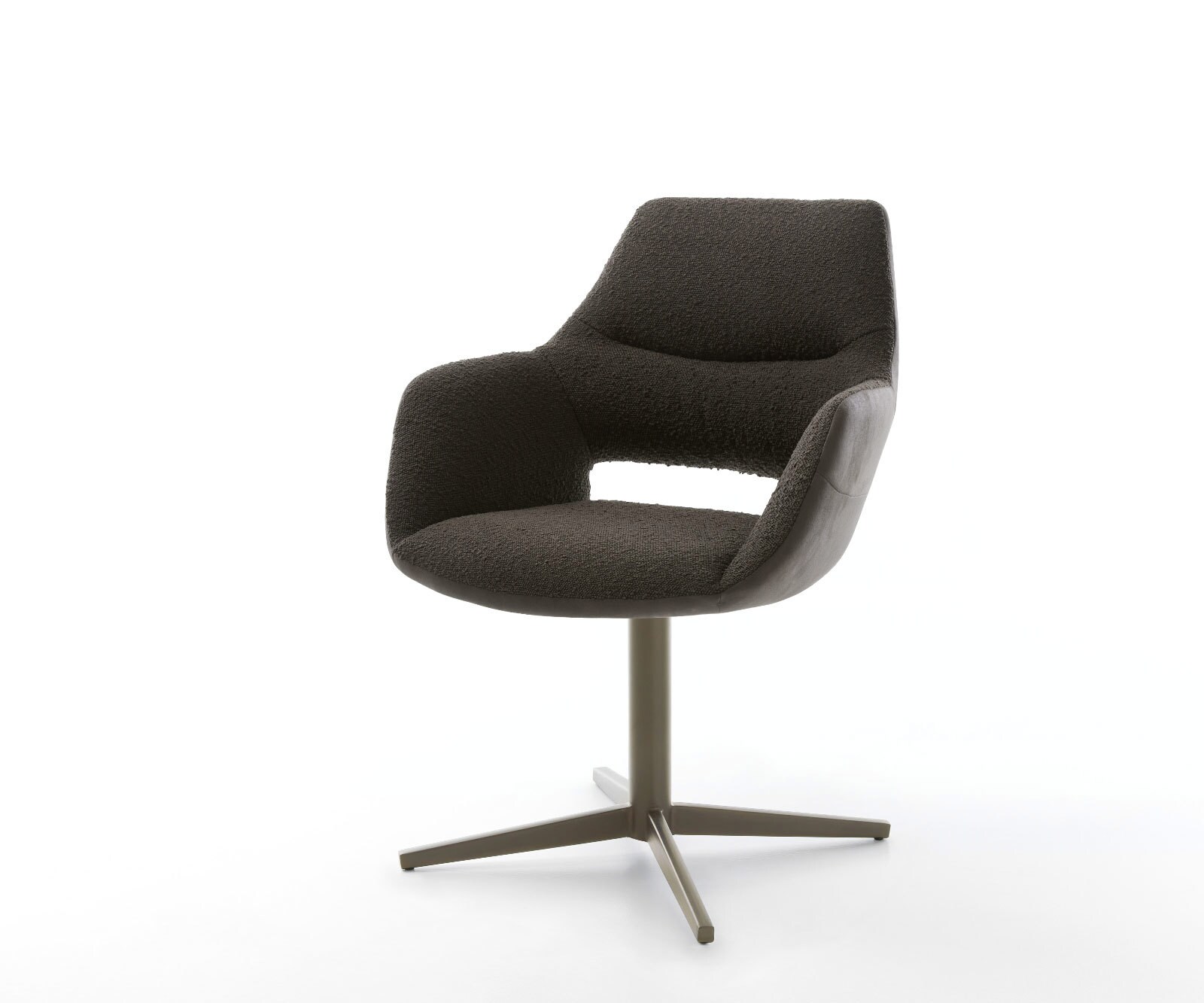 Chaise-pivotante Yago-Flex avec accoudoirs bouclé blanc cadre croisé large acier inoxydable pivote sur 360°