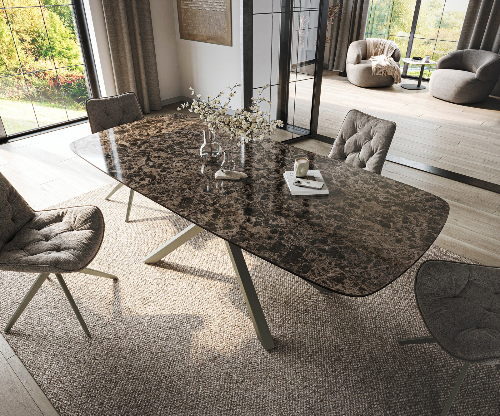 Esstisch Edge Boot 180-220x100 cm Keramik Emperador Extra Lucidato Dunkelbraun Kreuzgestell Rechteck Effektfinish Titan ausziehbar 3