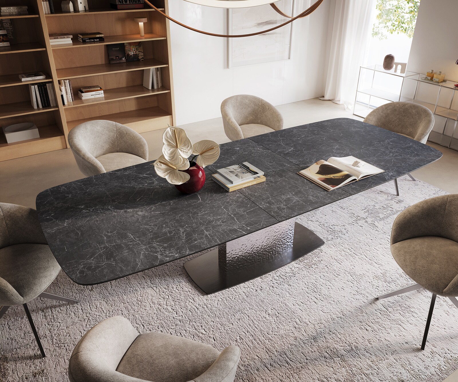 Esstisch Edge Boot 240-300x120 cm Keramik Laminam® Nero Greco Anthrazit Wave Edelstahl ausziehbar 3