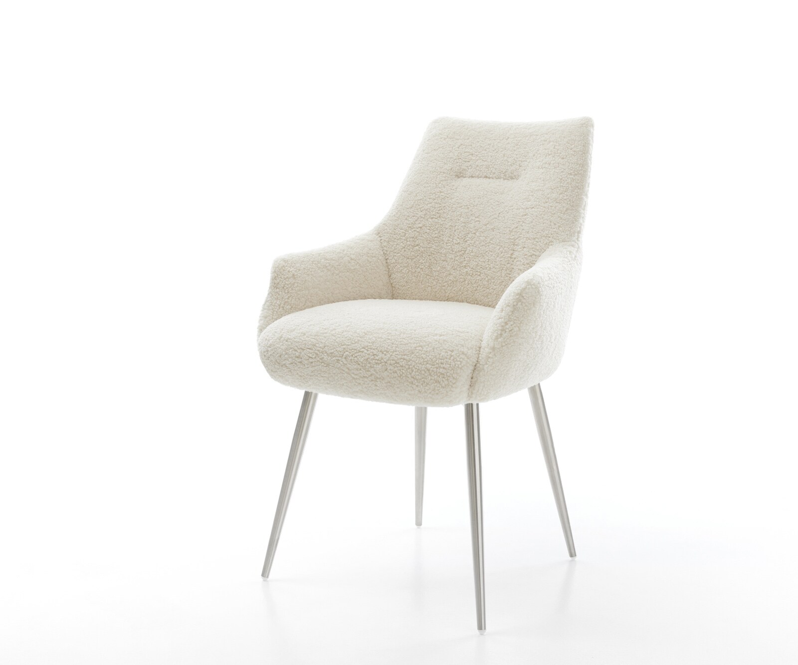 Esszimmerstuhl Alja-Flex mit Armlehnen Teddystoff Beige 4-Fuß konisch Edelstahl Taschenfederkern 1