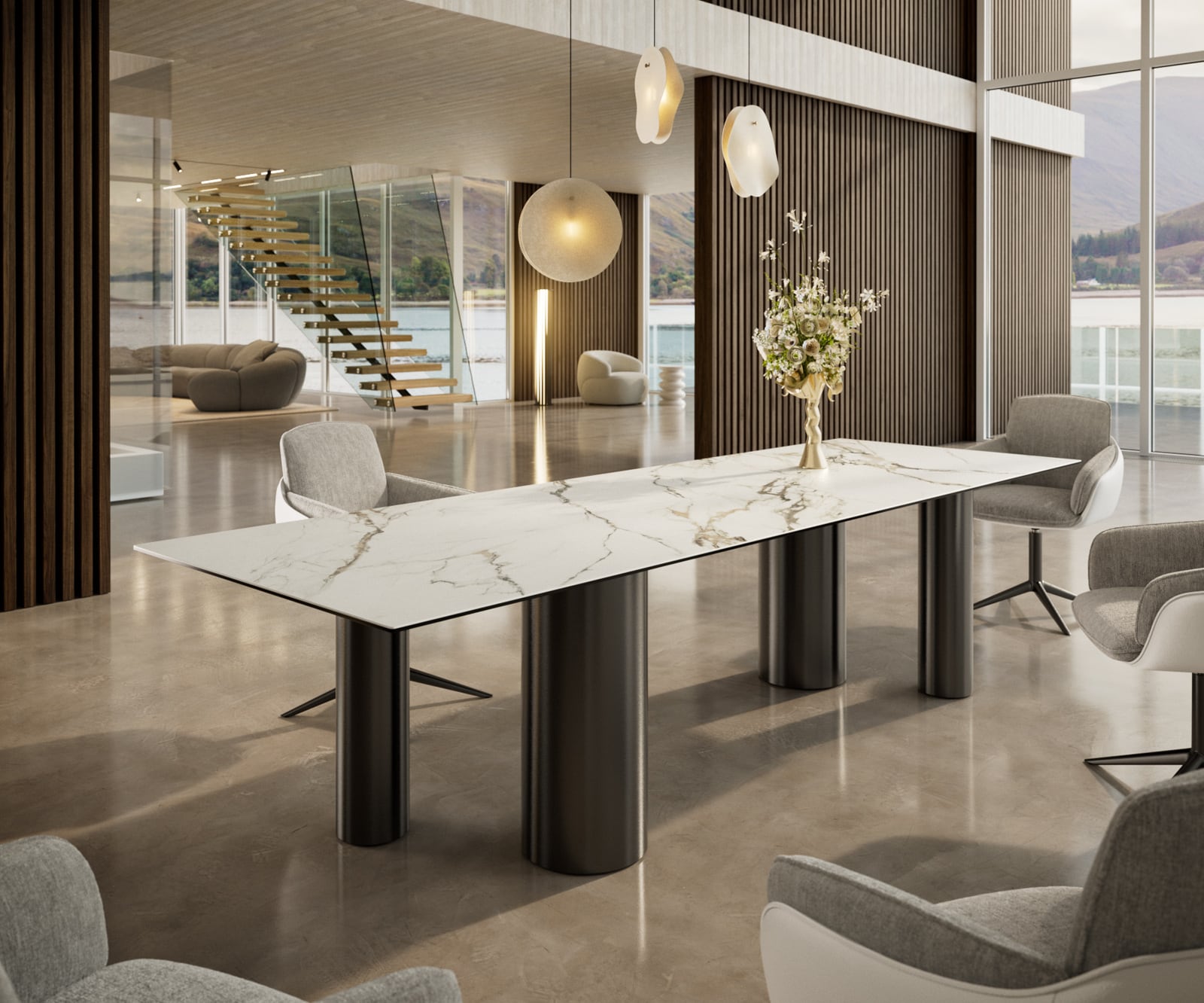 Esstisch Edge 300x100 Keramik Calacatta Luxe Weiß-Gold-Grau Pilier Edelstahl Graphit 1 Esstisch Edge 300x100 Keramik Calacatta Luxe Weiß-Gold-Grau Pilier Edelstahl Graphit 1