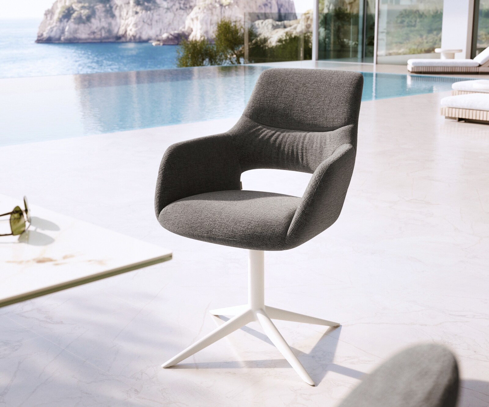 Chaise-d'extérieur Yago-Flex avec accoudoirs tissu texturé graphite pied de chaise 4 branches blanc pivotement sur 360° fonction bascule
