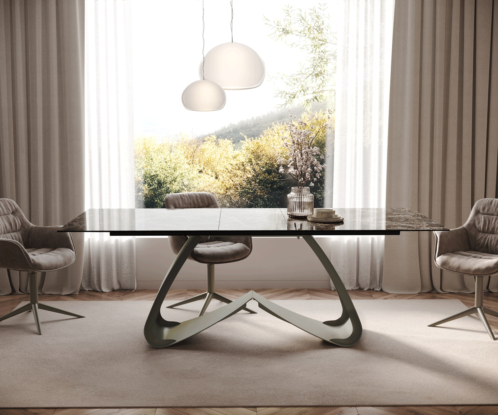 Table à manger Edge 180-220x100 Laminam® Emperador Extra Lucidato Marron foncé Cadre en W finition à effet Titane extensible 1