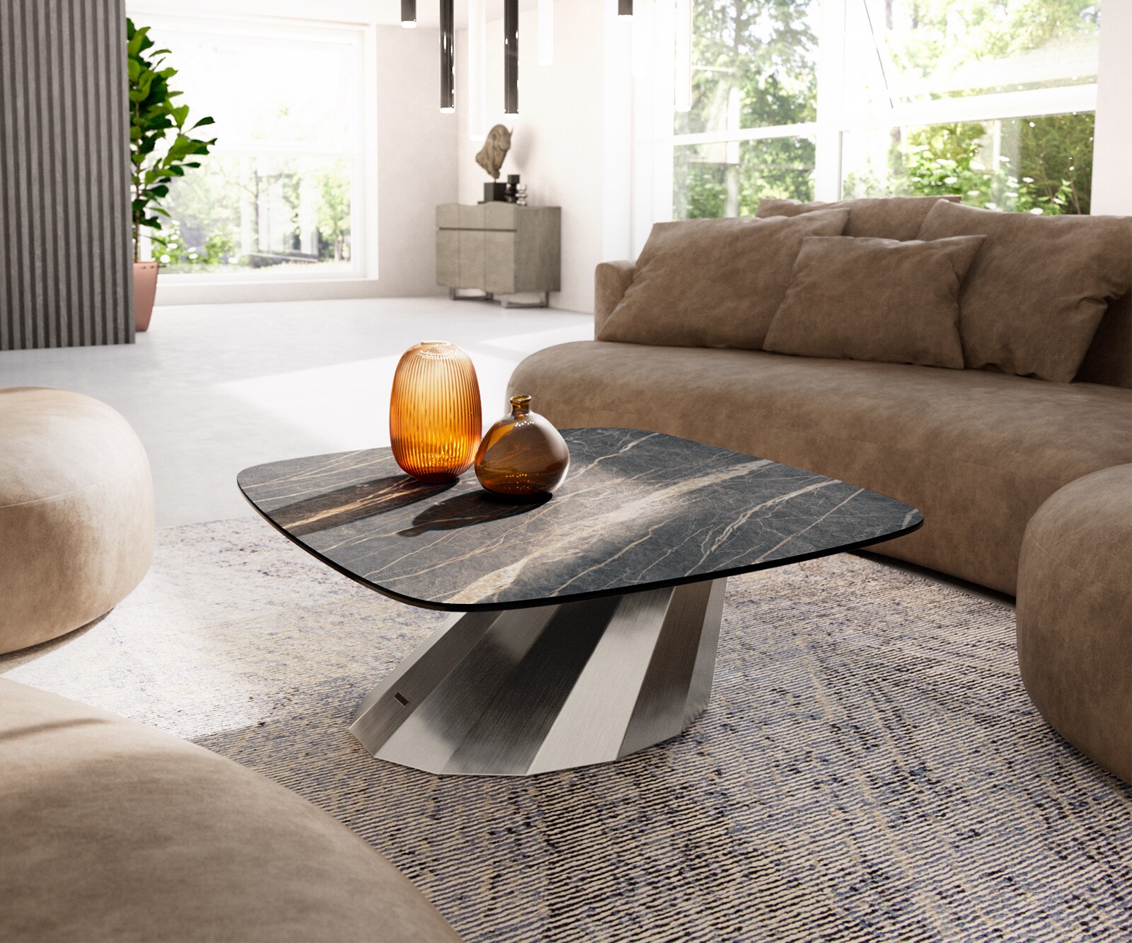 Table basse Edge Boot 90x90 cm céramique Laminam® Noir Desir brun Parabi acier inoxydable brossé