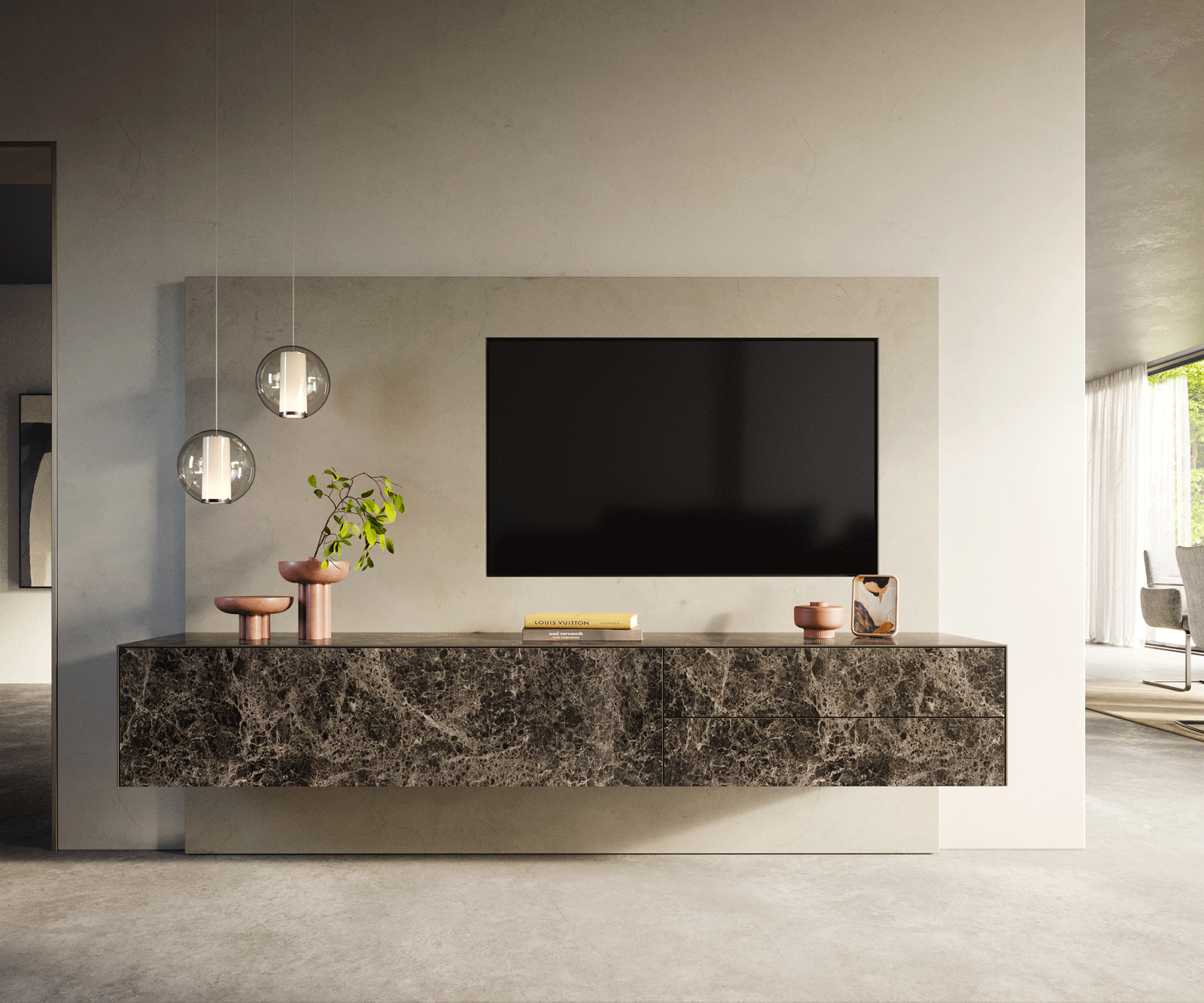 Lowboard Cuor 220 cm Keramik Laminam® Emperador Extra Lucidato Dunkelbraun 1 Klappe 2 Schubfächer Schwebend 1