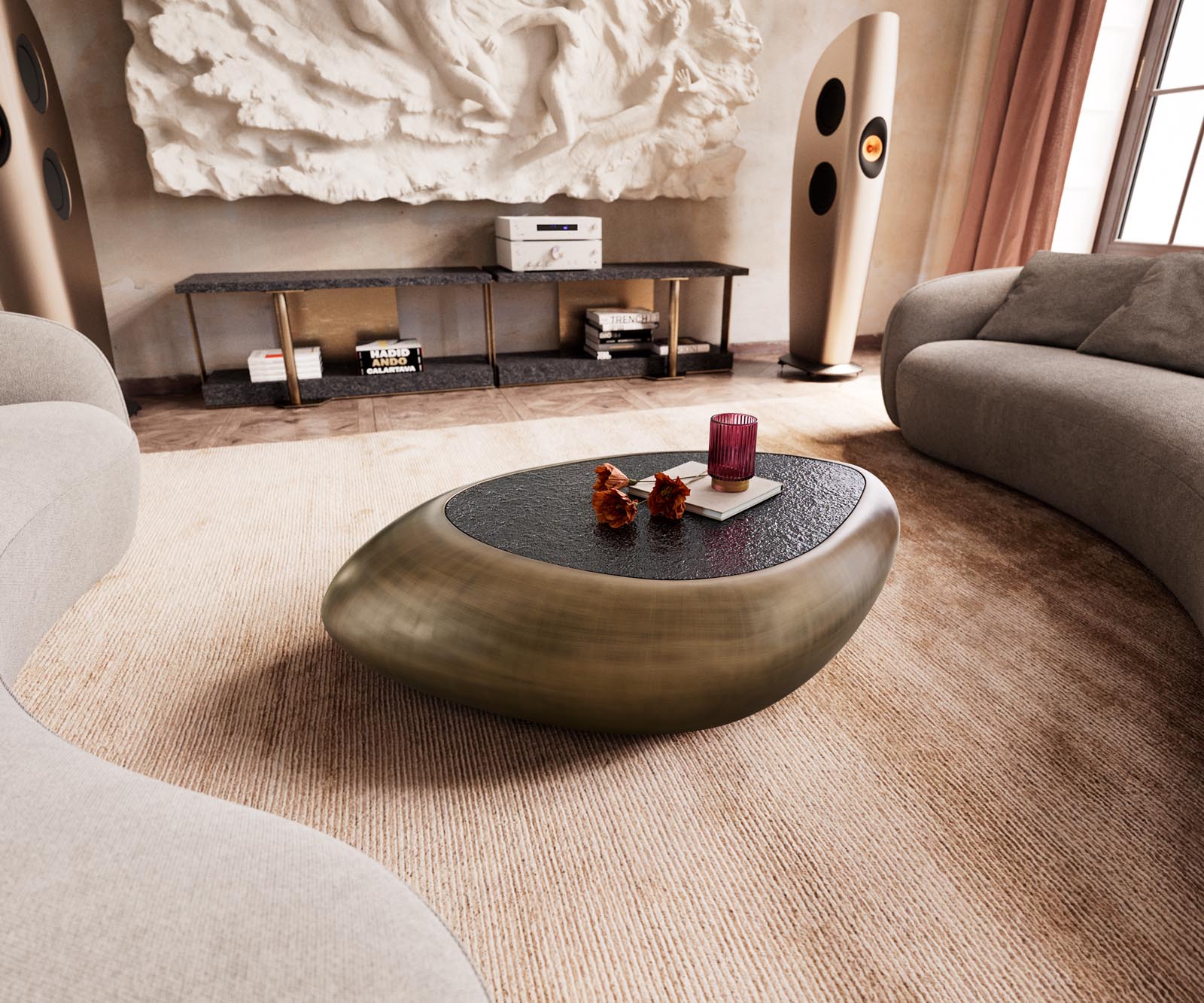 Couchtisch Sagana 120x80 cm Metallic Gold mit Reliefglas Taupe