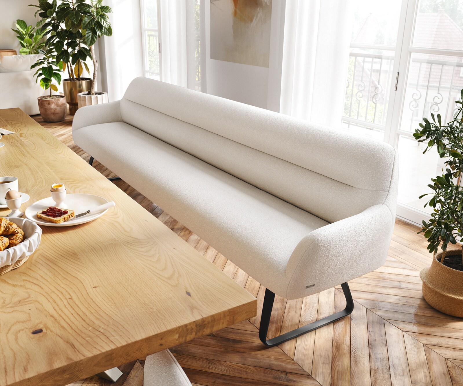 Esszimmerbank Taya-Flex 300 cm Bouclé Creme-Weiß Kufengestell flach Schwarz Taschenfederkern