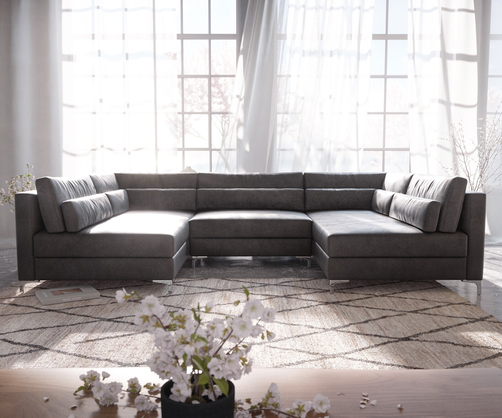 Canapé-panoramique Elio 300x185 cm similicuir vintage anthracite avec pouf 2