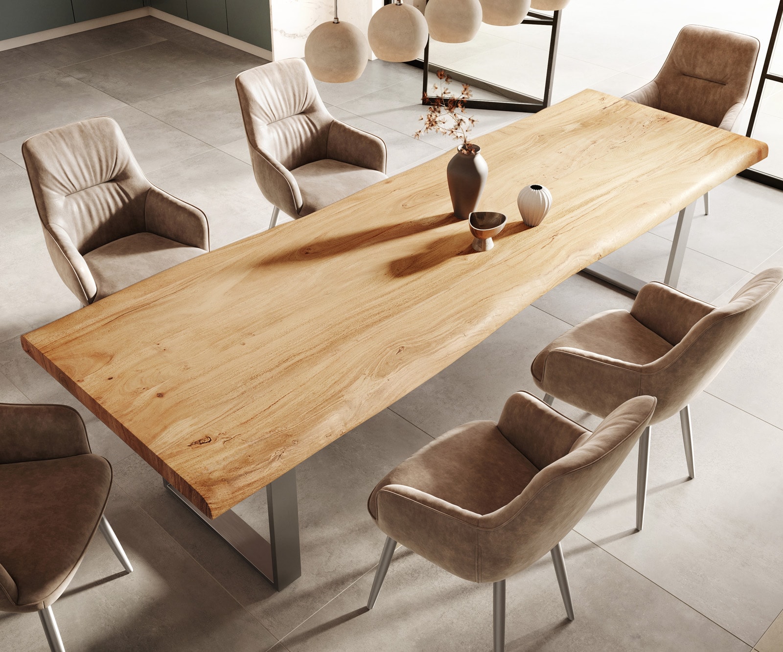 Table-à-manger Edge 300x100 XL acacia nature acier inoxydable mince Live-Edge 4 Table-à-manger Edge 300x100 XL acacia nature acier inoxydable mince Live-Edge 4