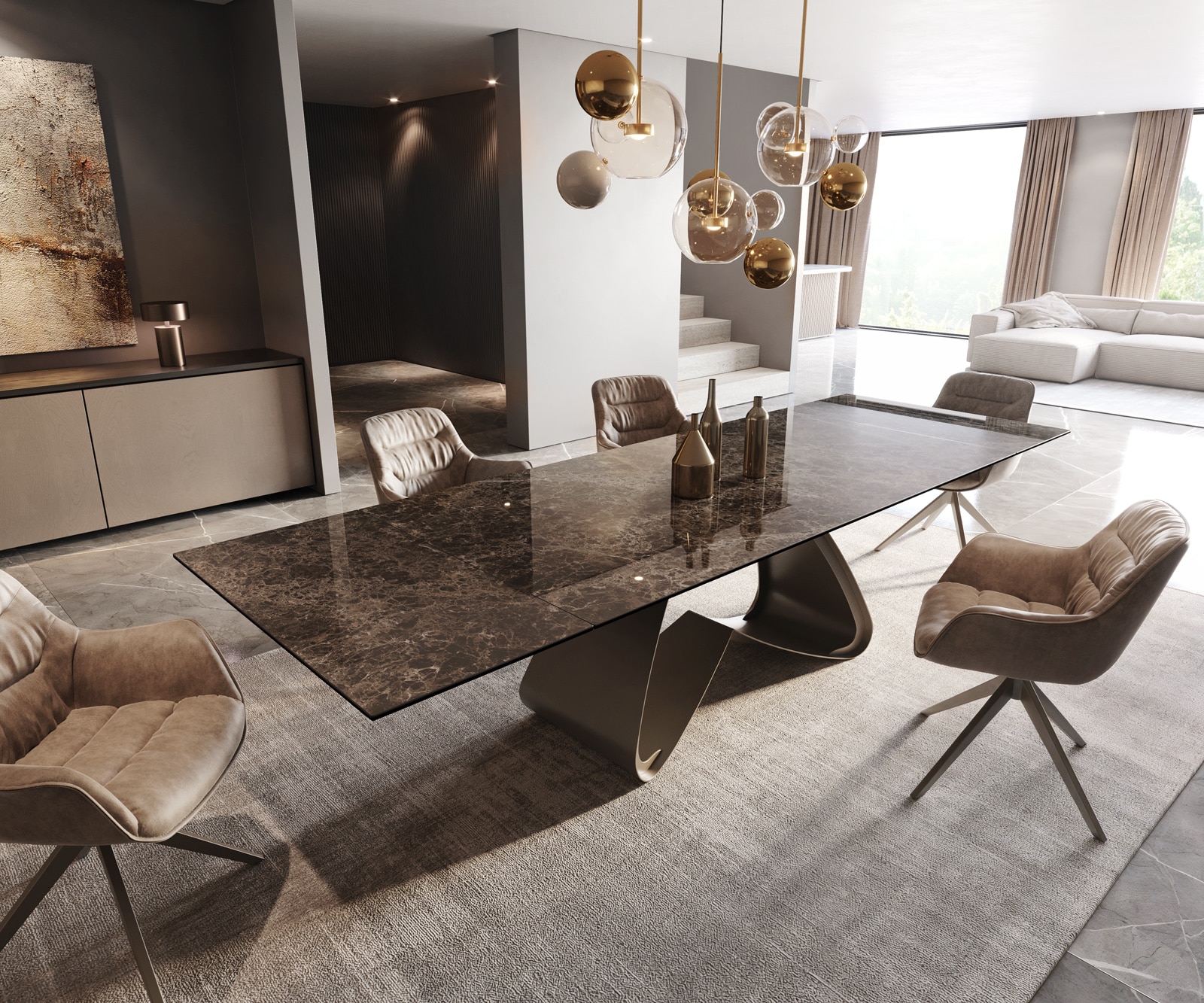 Esstisch Edge 200-300x100 Keramik Laminam® Emperador Extra Lucidato Dunkelbraun W-Gestell Effektfinish Titan ausziehbar