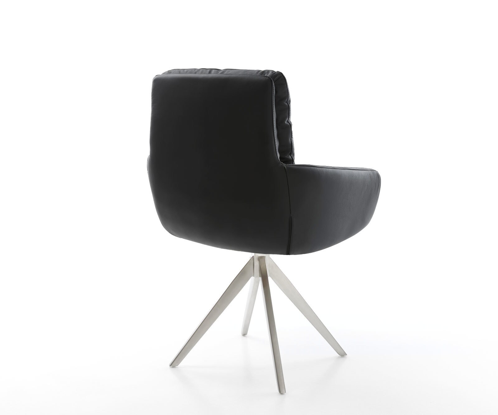 Chaise-de-salle-à-manger Abelia-Flex avec accoudoirs cuir de vache noir pied croisé angulaire acier inoxydable brossé 5