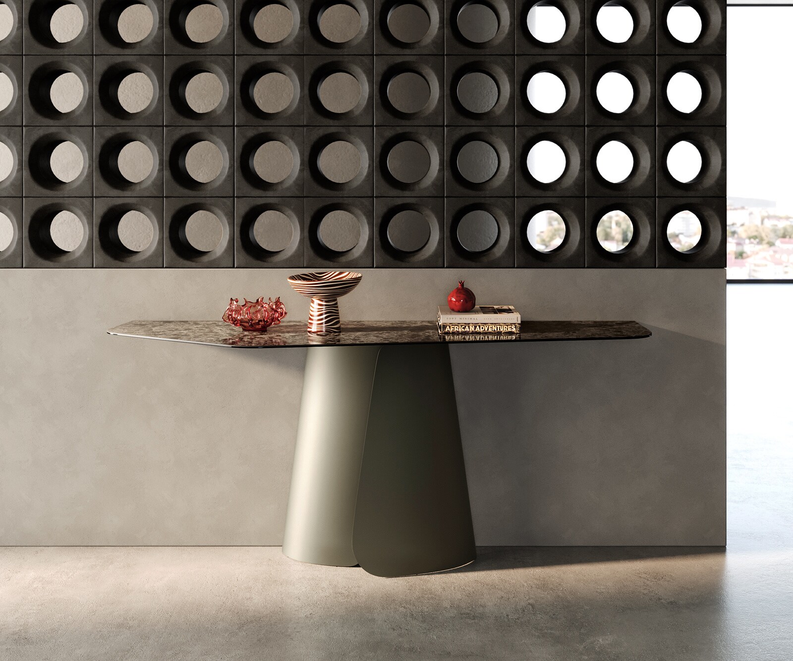 Console Edge Polygonal 180x50 cm Céramique Emperador Extra Lucidato Dunkelbraun Livos Métal Effektfinish Titan 3