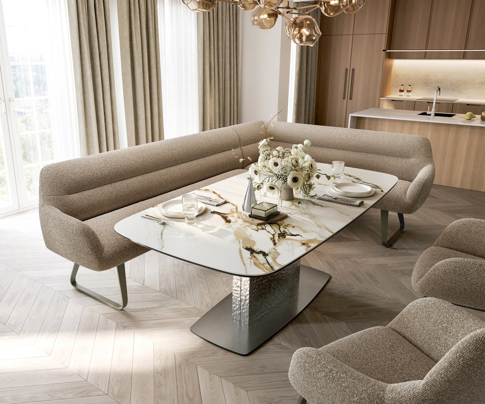 Esszimmerbank Taya-Flex 285x190 cm Bouclé Schlamm Kufengestell flach Effektfinish Titan Taschenfederkern Links