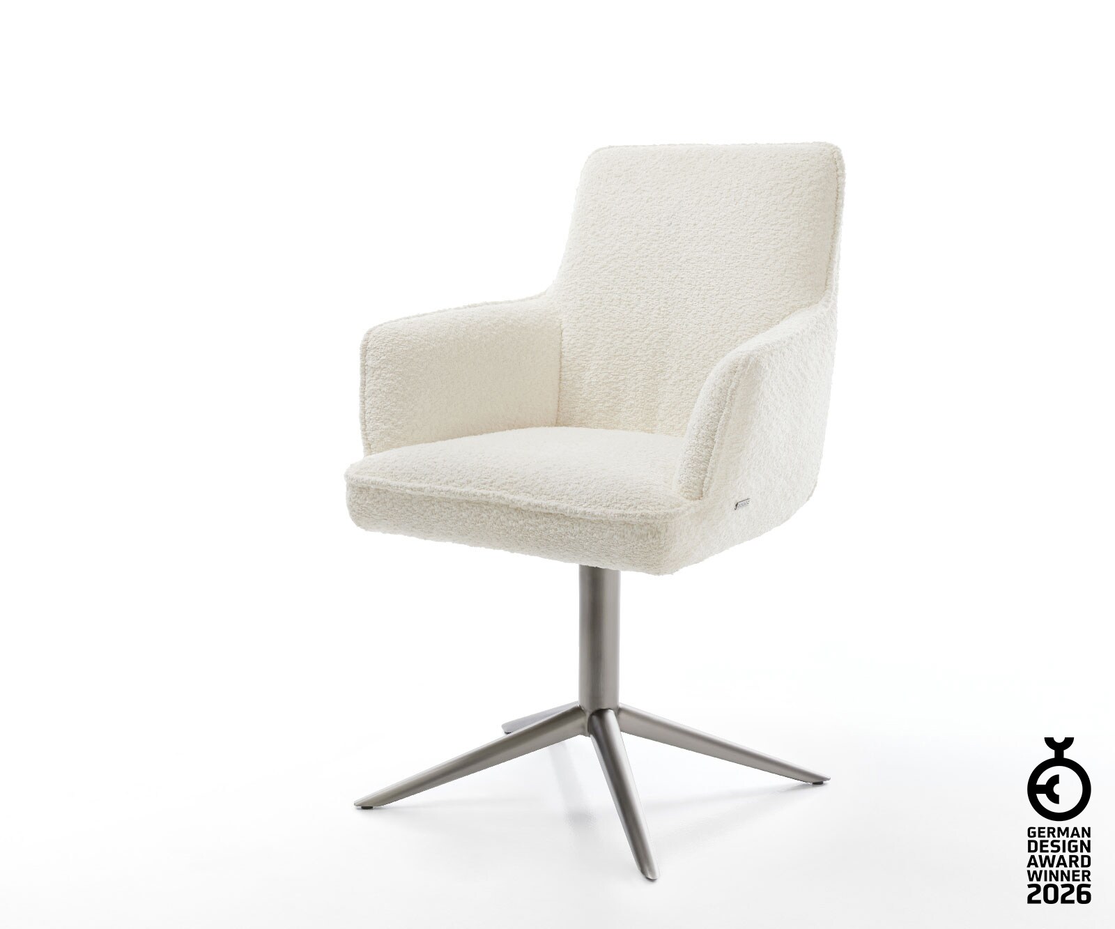 Chaise-pivotante Heira-Flex mit Armlehnen bouclé blanc pied de chaise 4 branches grafiete pivotement sur 360° fonction bascule ressorts ensachés
