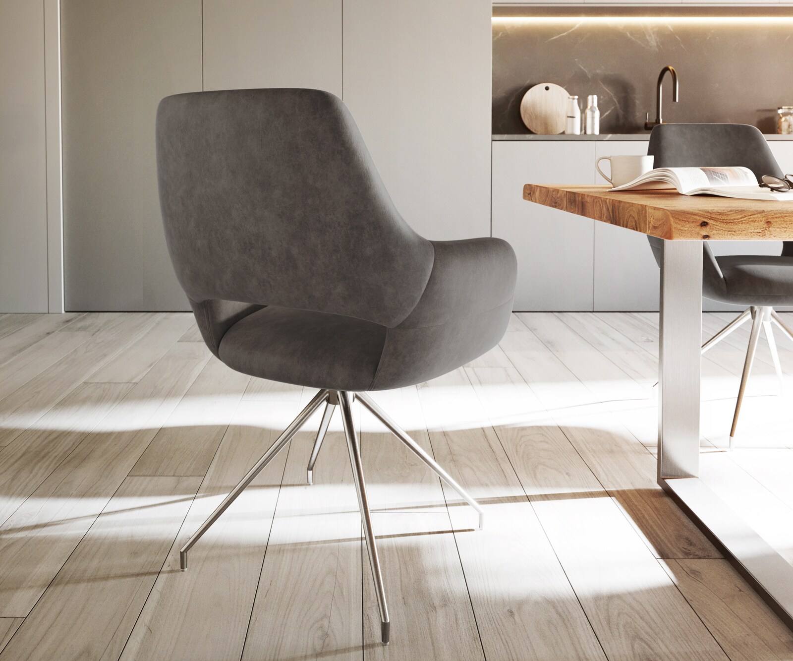 Chaise-de-salle-à-manger Yago-Flex avec accoudoirs microvelours anthracite vintage pied croisé conique acier inoxydable brossé ressorts ensachés 4