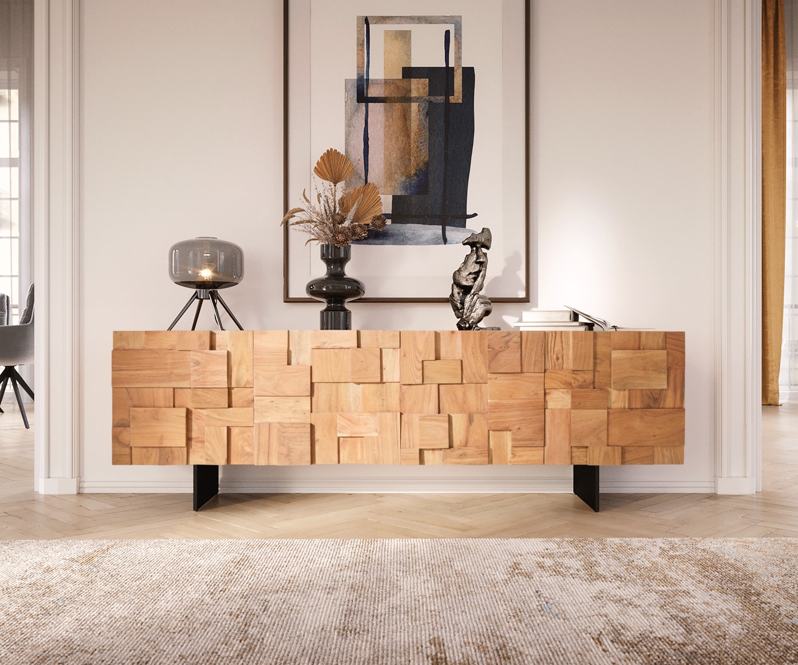 Lowboard Puzzle 175 cm 4 Türen Akazie Natur Fuß schwebend Metall schwarz 1 Lowboard Puzzle 175 cm 4 Türen Akazie Natur Fuß schwebend Metall schwarz 1