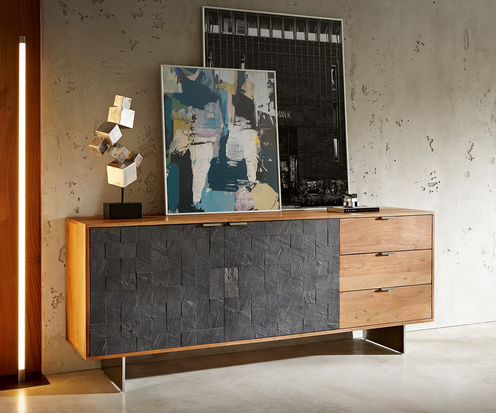 Sideboard Teele 175 cm Akazie Natur Schiefer 2 Türen 3 Schubfächer Fuß schwebend Edelstahl
