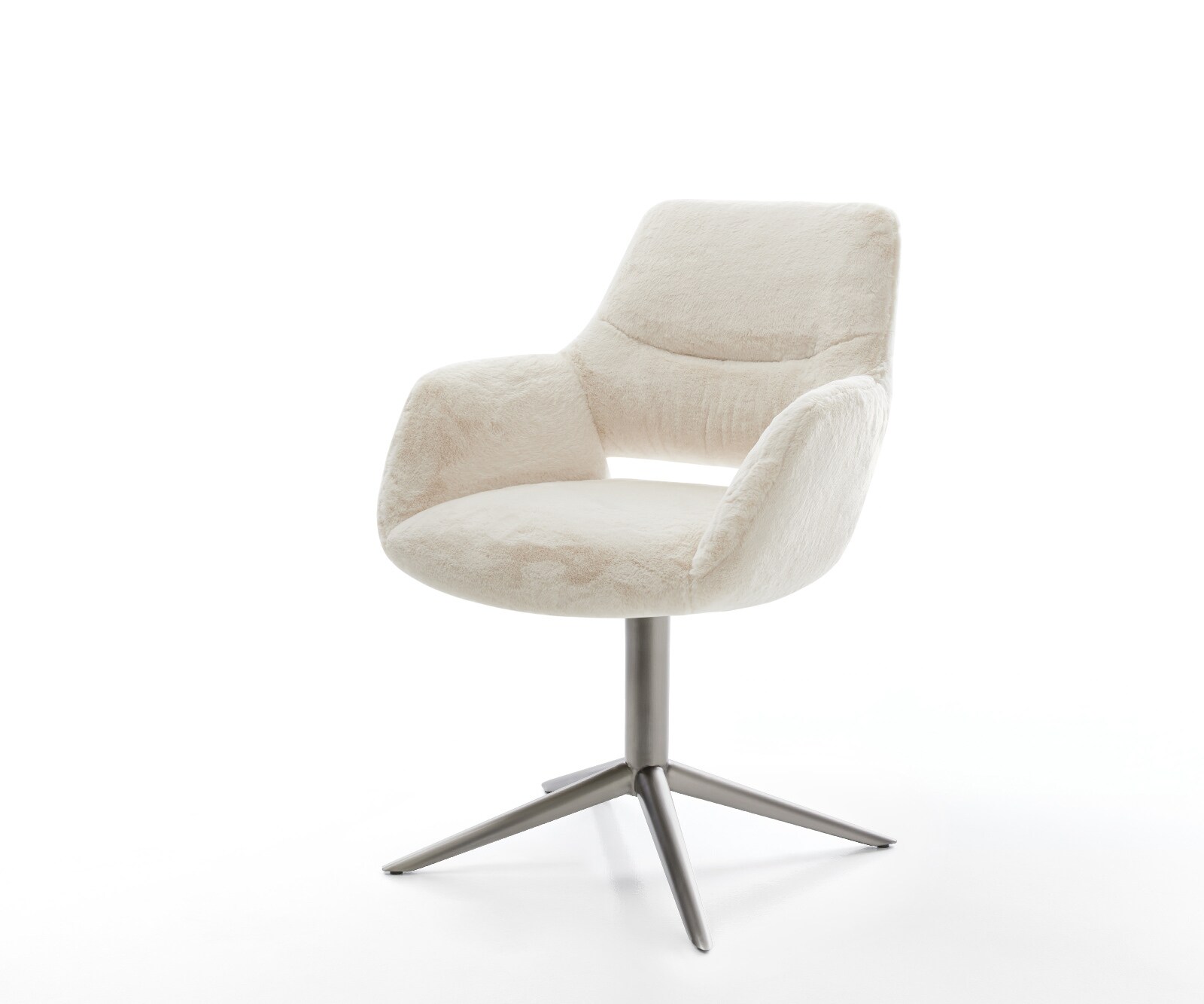 Chaise-pivotante Yago-Flex avec accoudoirs peluche crème-blanc pied de chaise 4 branches grafiete pivotement sur 360° fonction bascule resorts ensachés