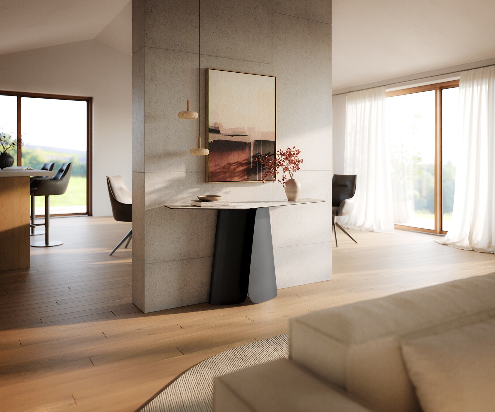 Console Edge Polygonal 140x50 cm Céramique Minas Melange Weiß-Beige Livos Métal Noir 7