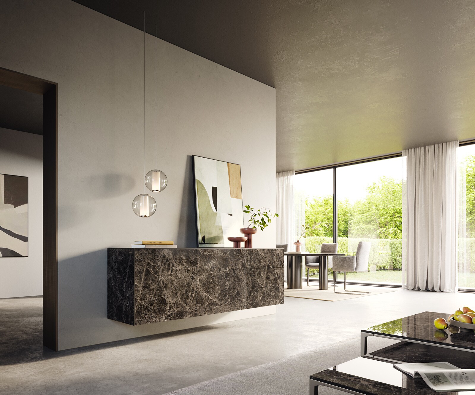Sideboard Cuor 180 cm Keramik Laminam® Emperador Extra Lucidato Dunkelbraun 2 Türen 3 Schubfächer Schwebend 6