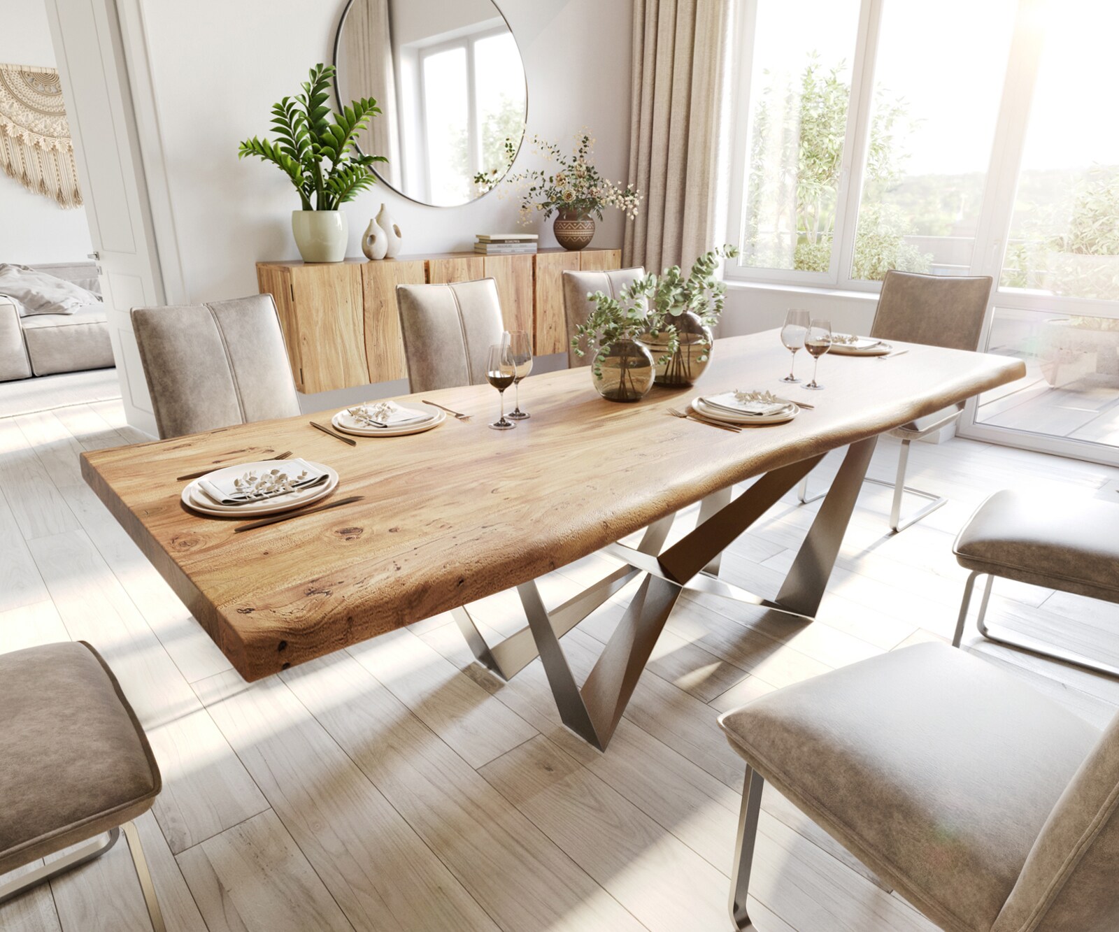 Table à manger Edge 260x100 XL acacia nature Spider acier plat acier inoxydable Live-Edge 1