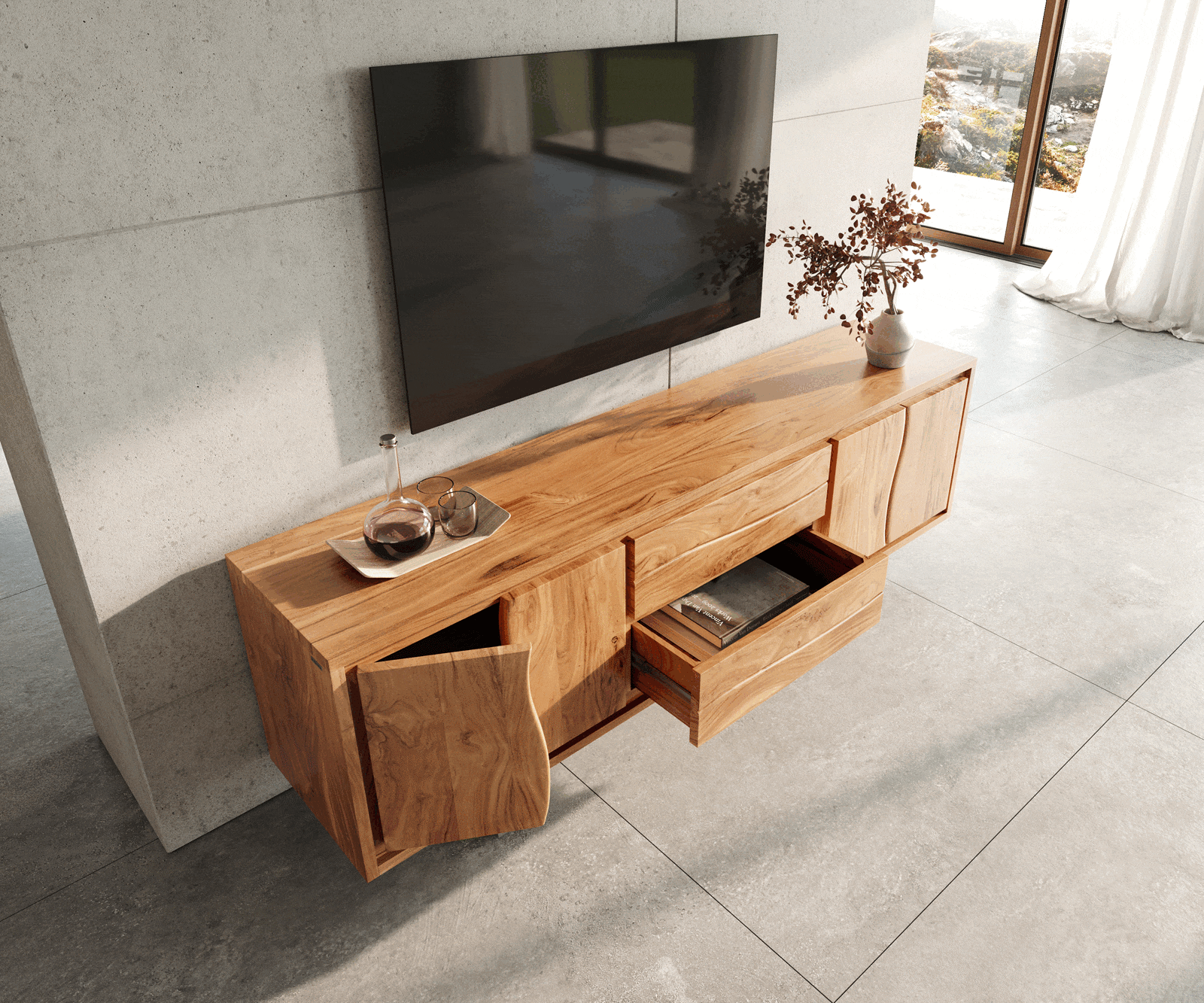 Meuble-TV Live-Edge 200 cm Acacia naturel 4 portes 2 tiroirs 3 Meuble-TV Live-Edge 200 cm Acacia naturel 4 portes 2 tiroirs 3