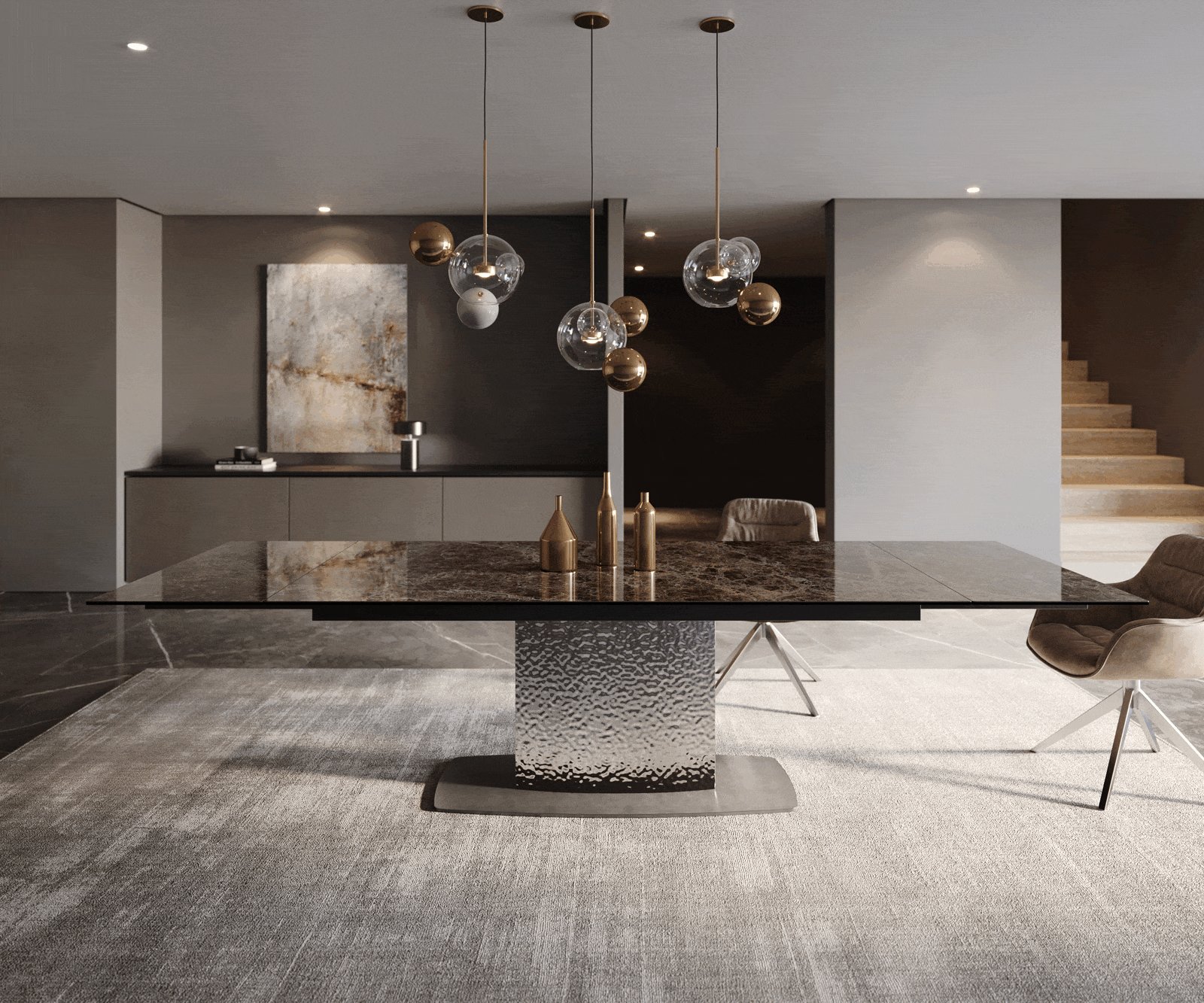Esstisch Edge 200-300x100 Keramik Emperador Extra Lucidato Dunkelbraun Wave Edelstahl ausziehbar 2