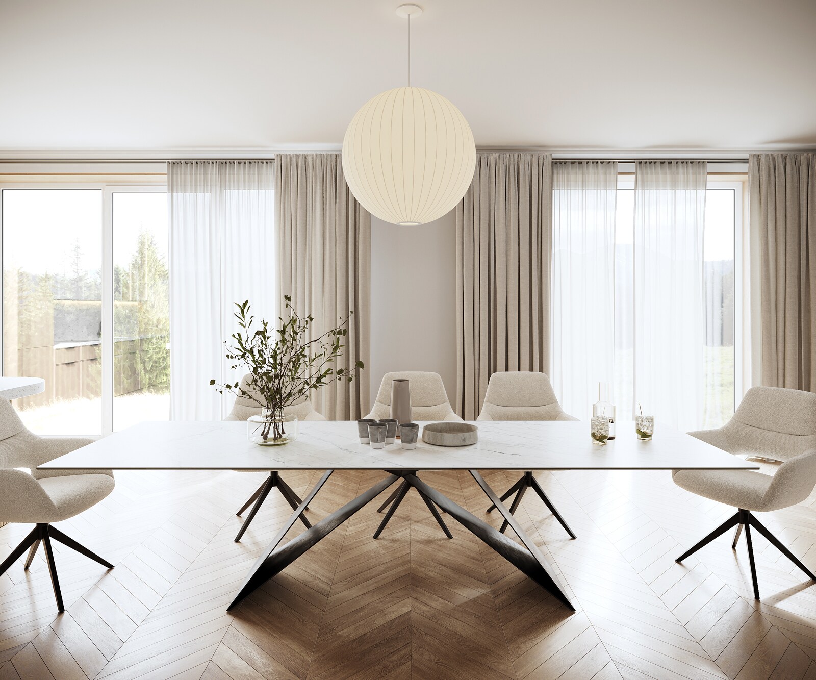 Esstisch Edge 300x100cm Keramik Laminam®Statuarietto Weiß V-Mittelfuß Schwarz 1