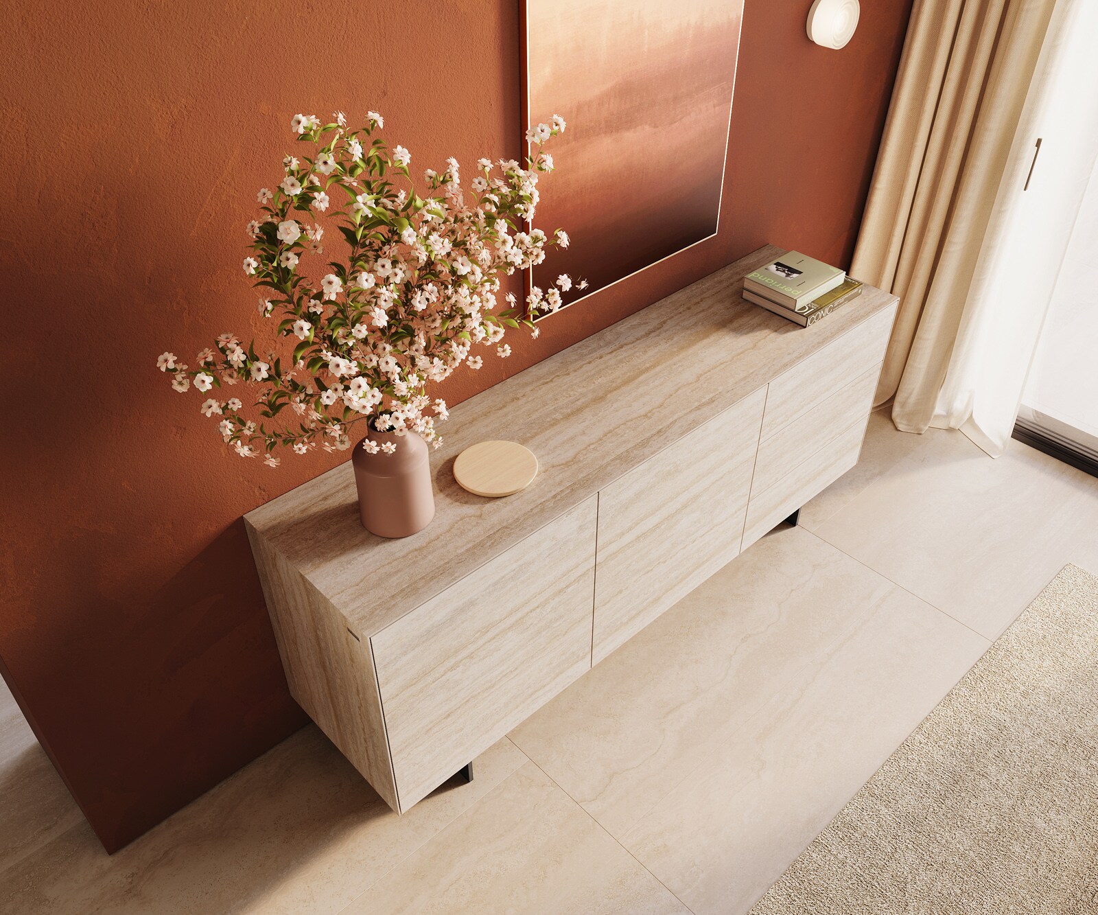 Sideboard Cuor 180 cm Keramik Laminam® Travertino Bianco Creme-Weiß 2 Türen 3 Schubfächer Fuß Schwebeoptik Metall Schwarz 3