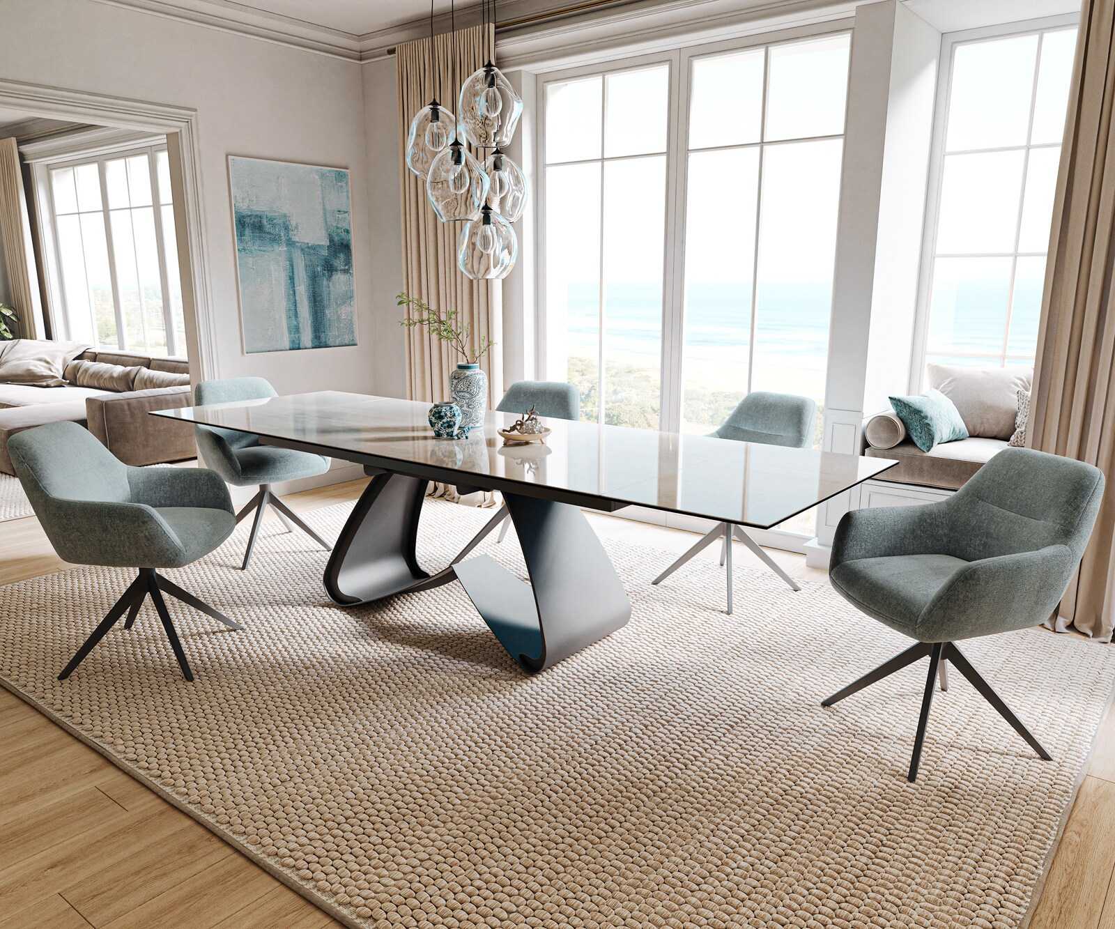 Esstisch Edge 200-300x100 cm Keramik Onyx Champagne W-Gestell Metall Schwarz ausziehbar 6