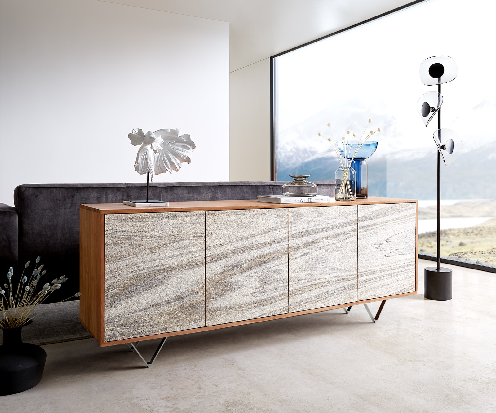 Sideboard Kleo 175 cm Akazie Natur 4 Türen V-Fuß Edelstahl Sideboard Kleo 175 cm Akazie Natur 4 Türen V-Fuß Edelstahl