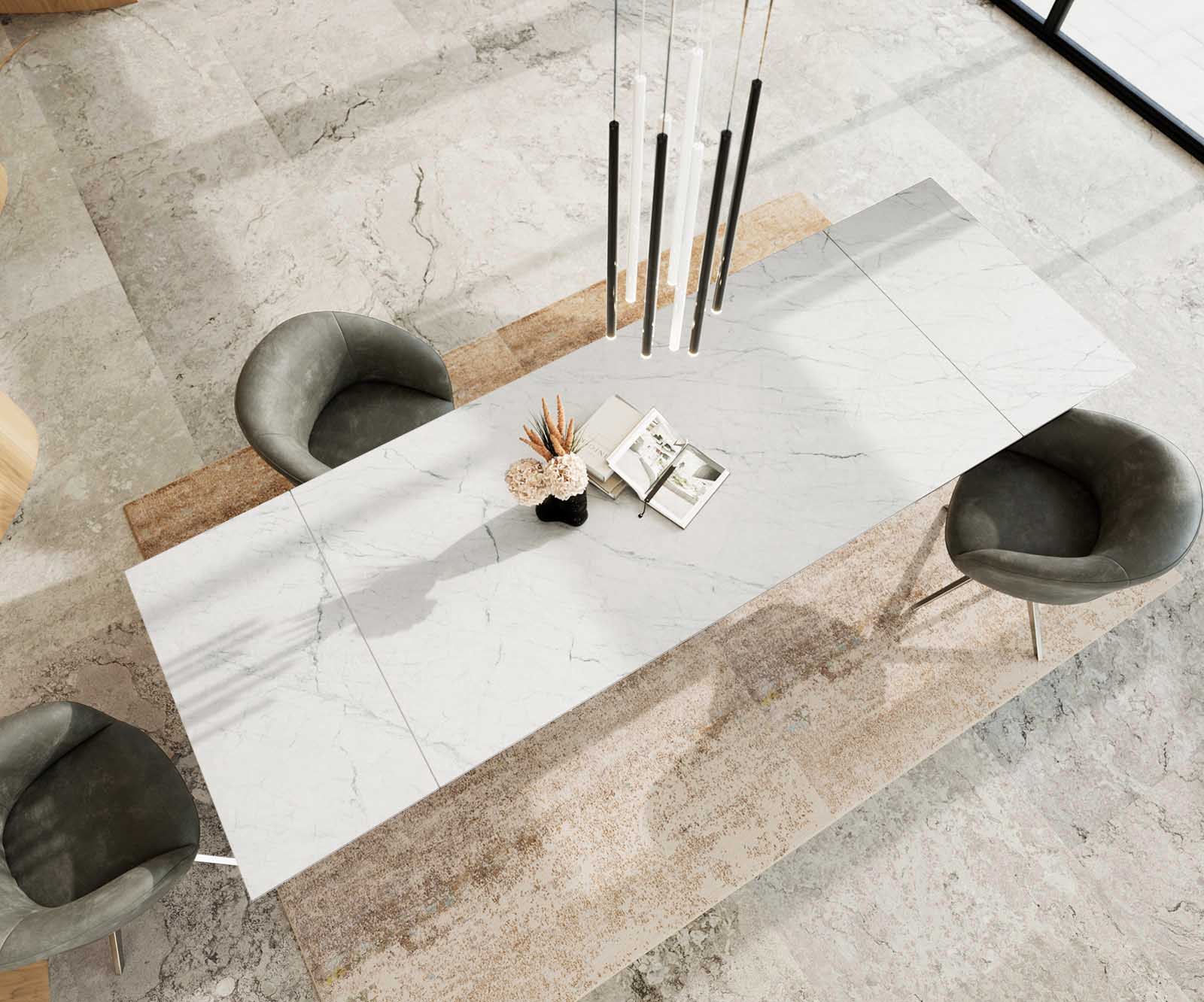 Esstisch Edge 200-300x100 Keramik Laminam®Statuarietto Weiß Wave Edelstahl ausziehbar 3 Esstisch Edge 200-300x100 Keramik Laminam®Statuarietto Weiß Wave Edelstahl ausziehbar 3