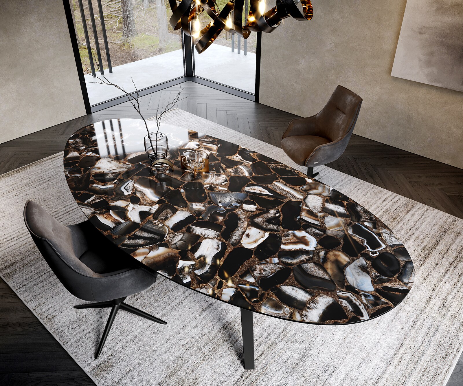 Esstisch Edge Oval 280x130 Keramik Iris FMG Agatablack Zenthara kantig Metall Schwarz 1