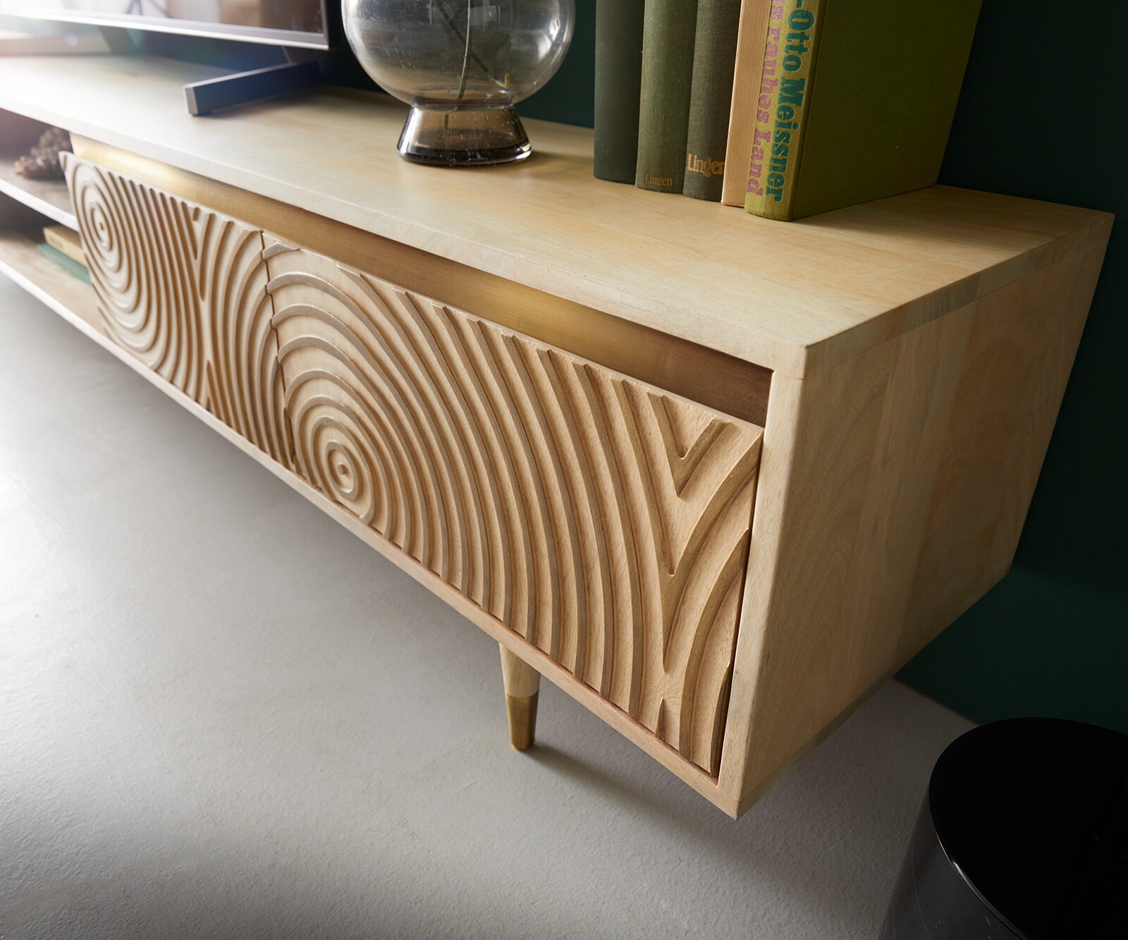 Meuble-TV Budaya 220 cm manguier naturel 4 portes pied conique 7