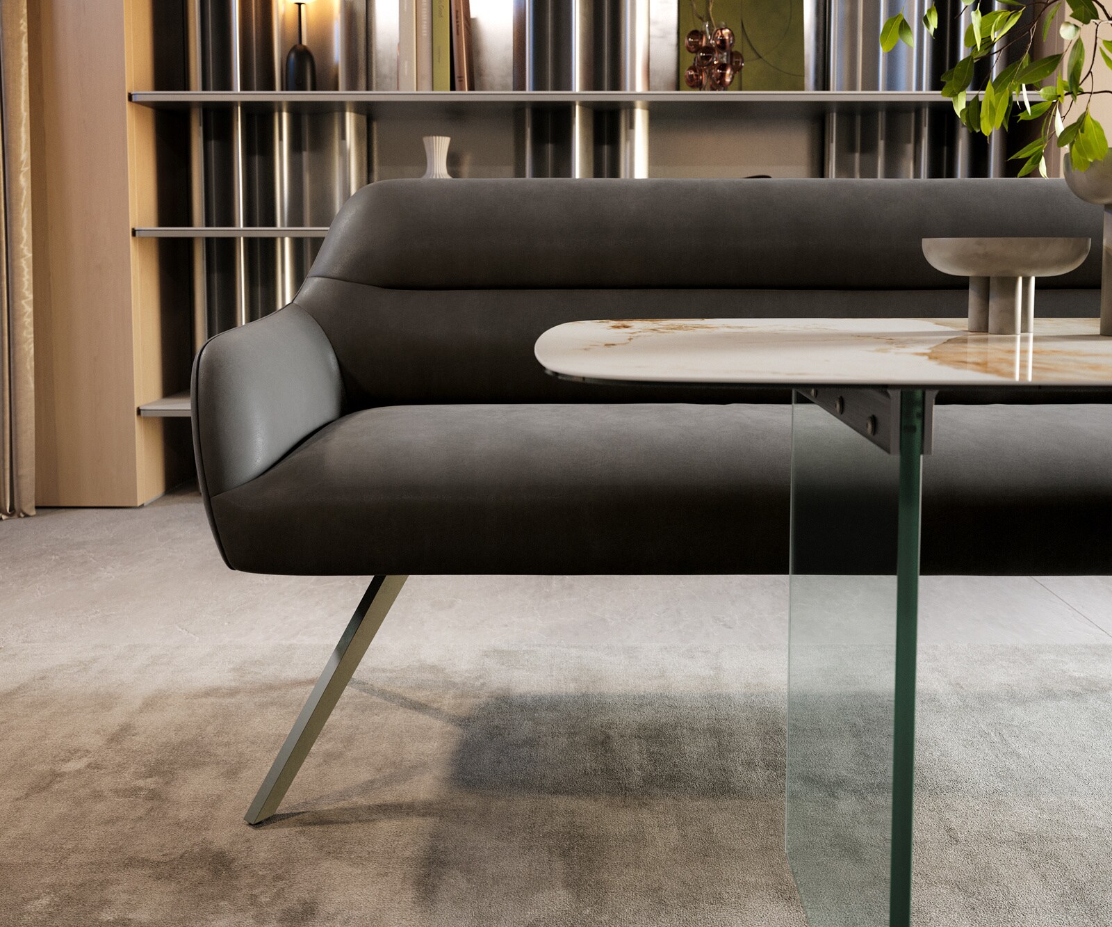 Banc-de-salle-à-manger Taya-Flex 200 cm microfibre antracite vintage pied croisé angulaire titane ressort ensaché 1