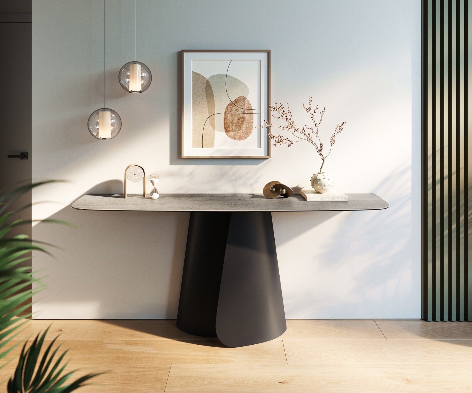 Console Edge forme bateau 180x40 cm Céramique Gris béton Conos Métal Noir 1