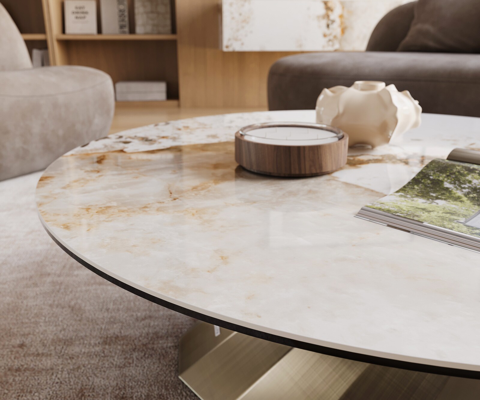 Couchtisch Edge Rund 100x100 cm Keramik Minas Melange Parabi Metallic Gold 6