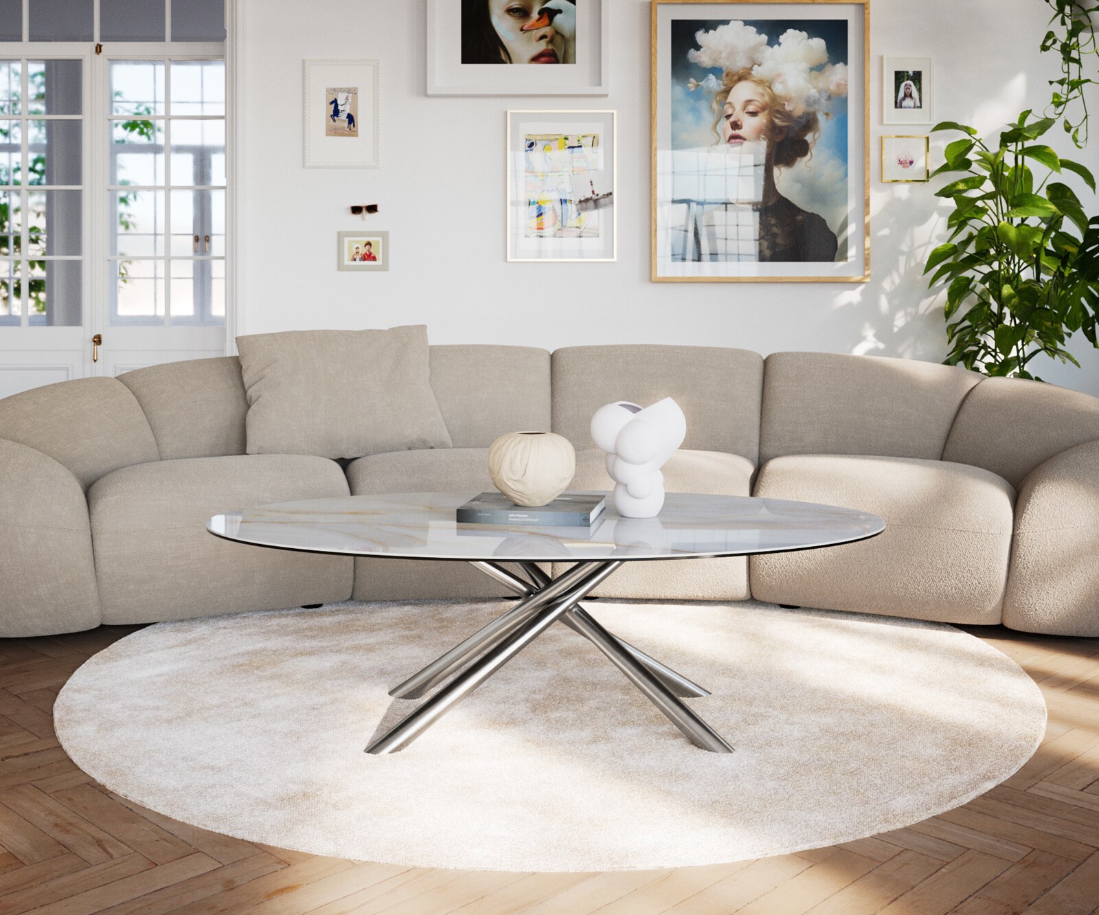 Couchtisch Edge Oval 140x80 cm Keramik Onyx Pearl Sarity Edelstahl gebürstet 1