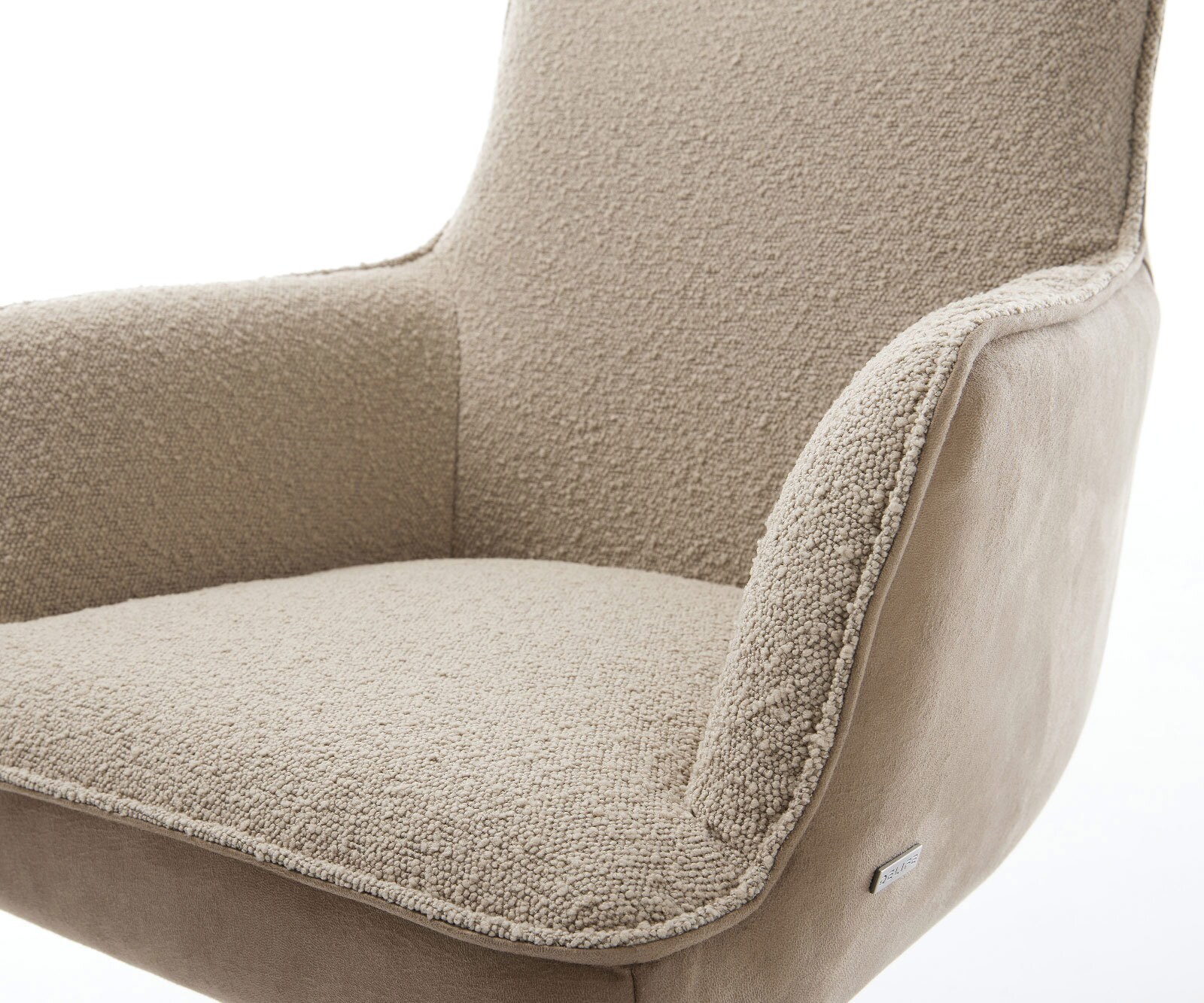 Chaise-de-salle-à-manger Heira-Flex avec accoudoirs tissu mixte couleur boue pied trapèze acier inoxydable brossé ressorts ensachés 4
