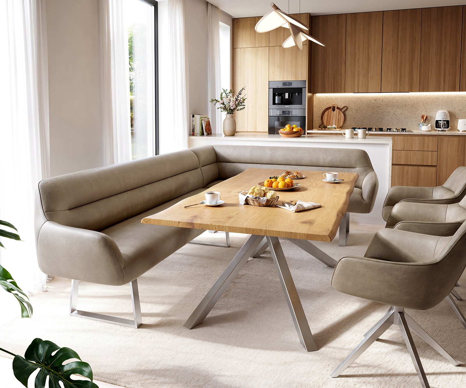 Banc-de-salle-à-manger Taya-Flex 285x190 cm microfibre beige vintage piètement à patins angulaire acier inoxydable ressort ensaché liens 1