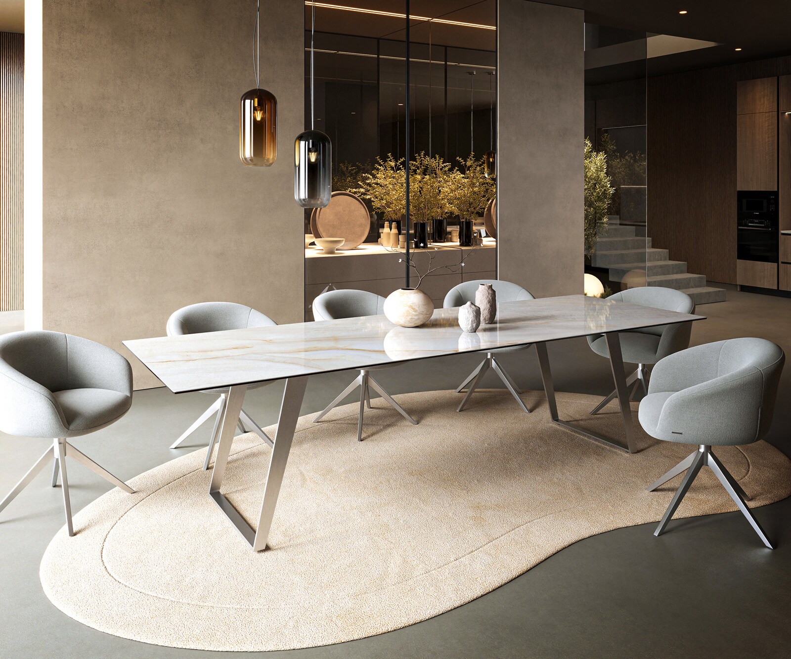 Table à manger Edge 300x100 cm céramique Onyx Pearl inox incliné 6