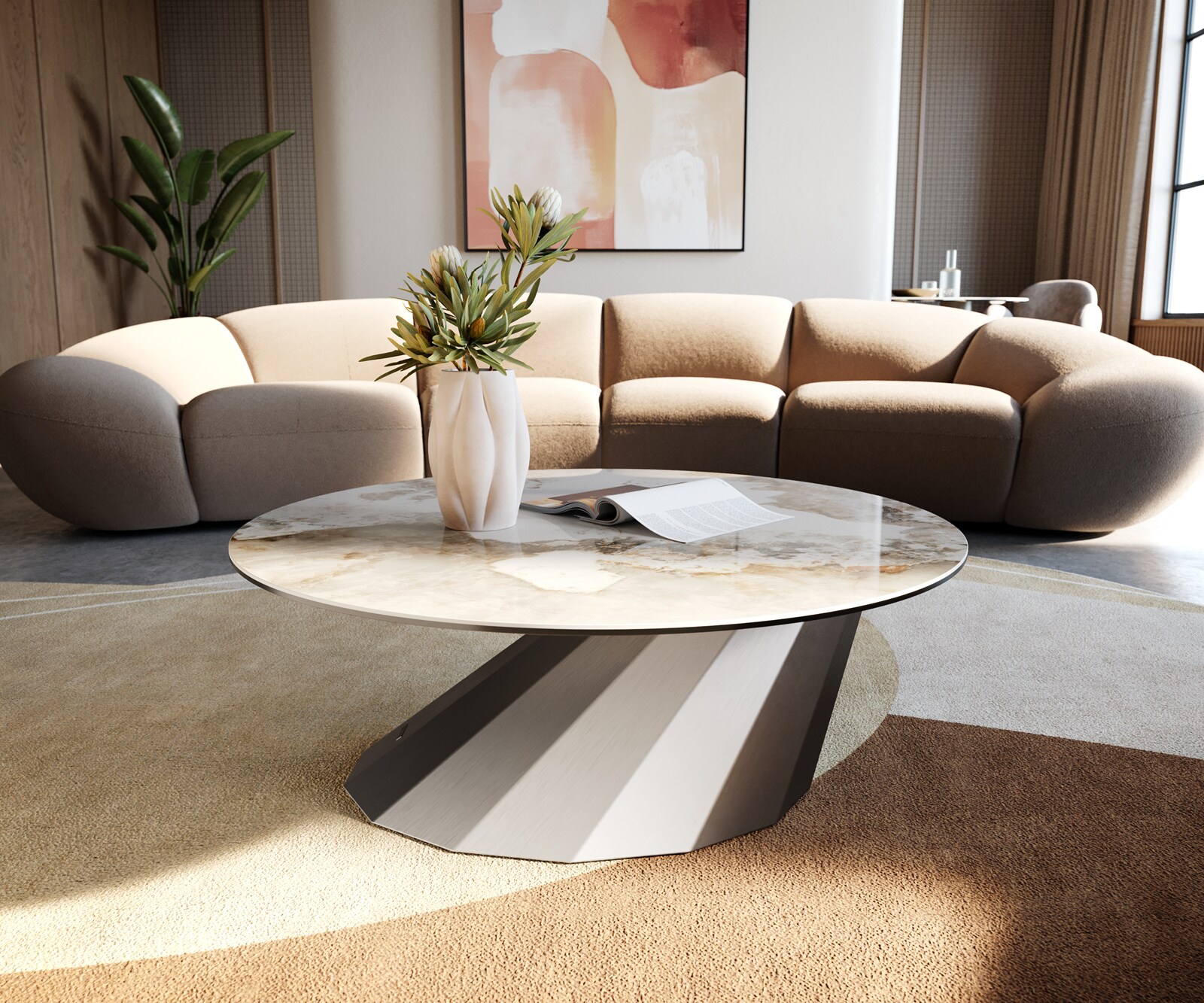 Table basse Edge rond 90x90 cm céramique Minas Melange Parabi acier inoxydable brossé 4