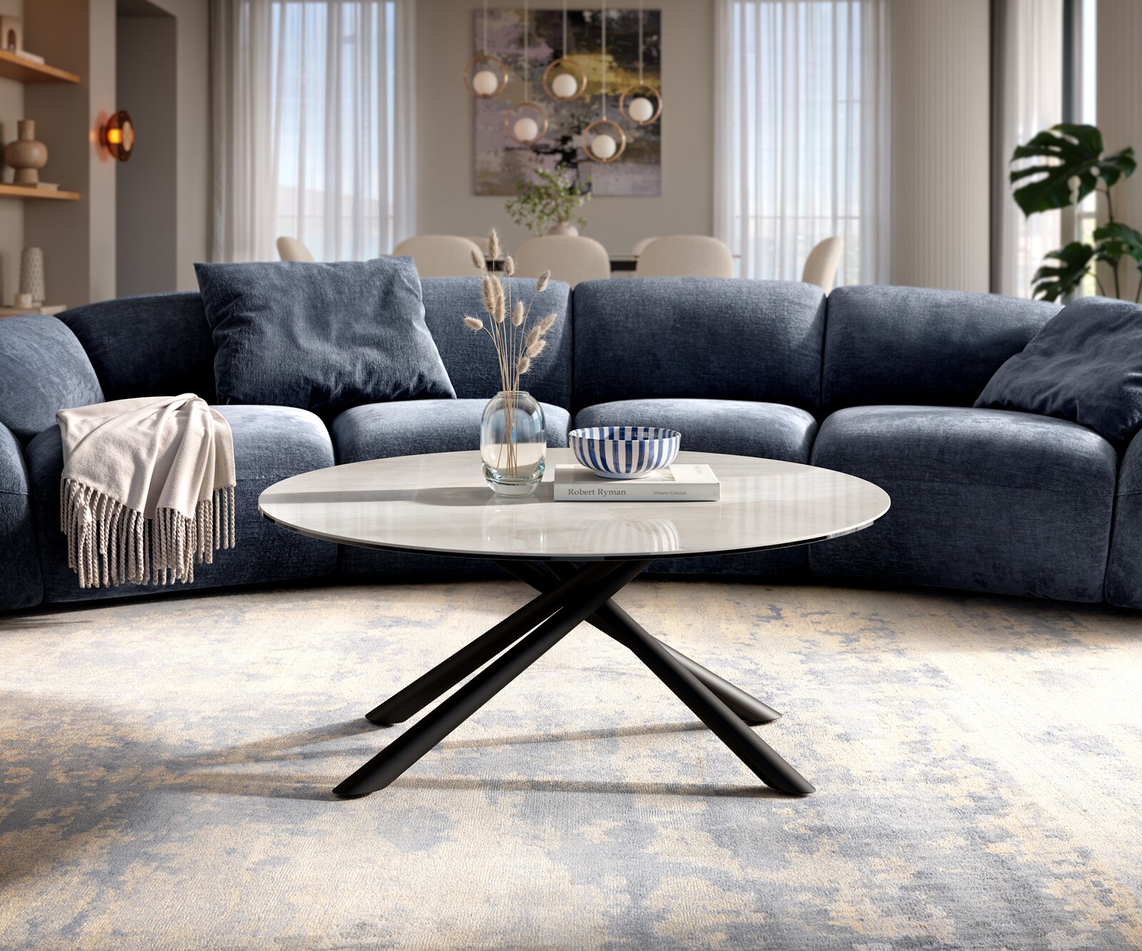 Table basse Edge ronde 100x100 cm céramique Onyx Champagne Sarity métal noir 2