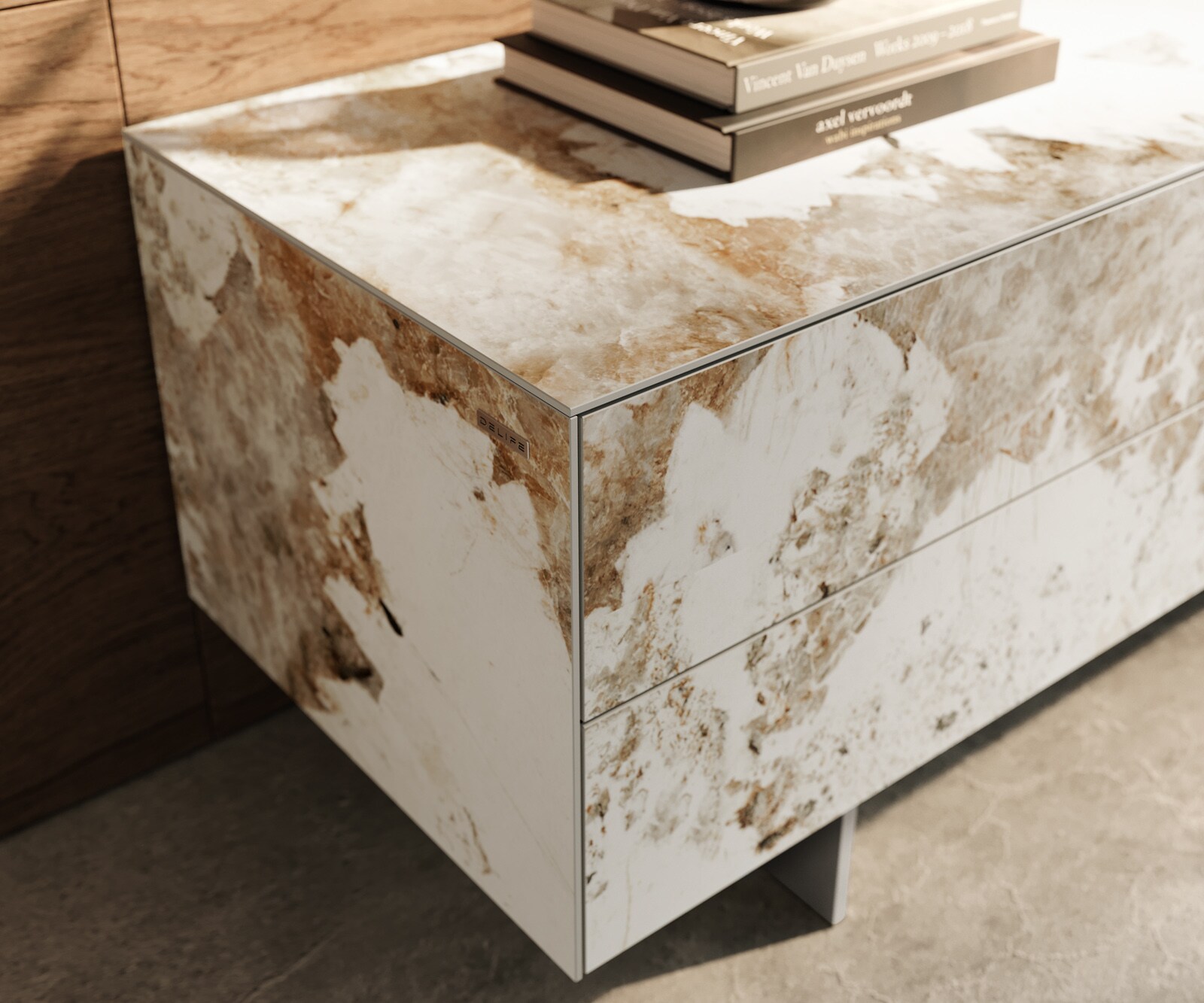 Meuble-TV Cuor 180 cm Céramique Minas Melange Blanc-beige 1 Clapet 2 Tiroirs Pied optique flottant Ancier inoxydable 6