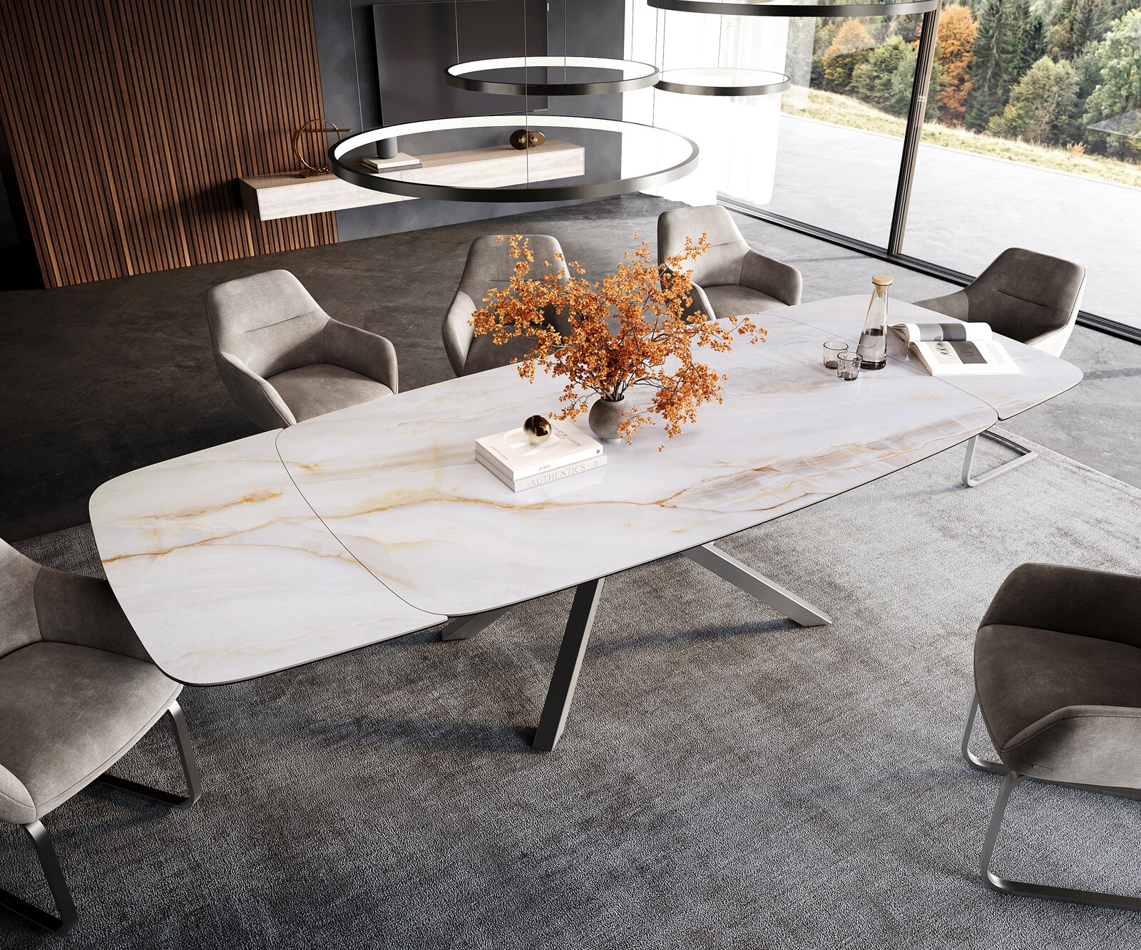 Esstisch Edge Boot 200-300x120 cm Keramik Onyx Pearl Kreuzgestell Rechteck Edelstahl ausziehbar 3